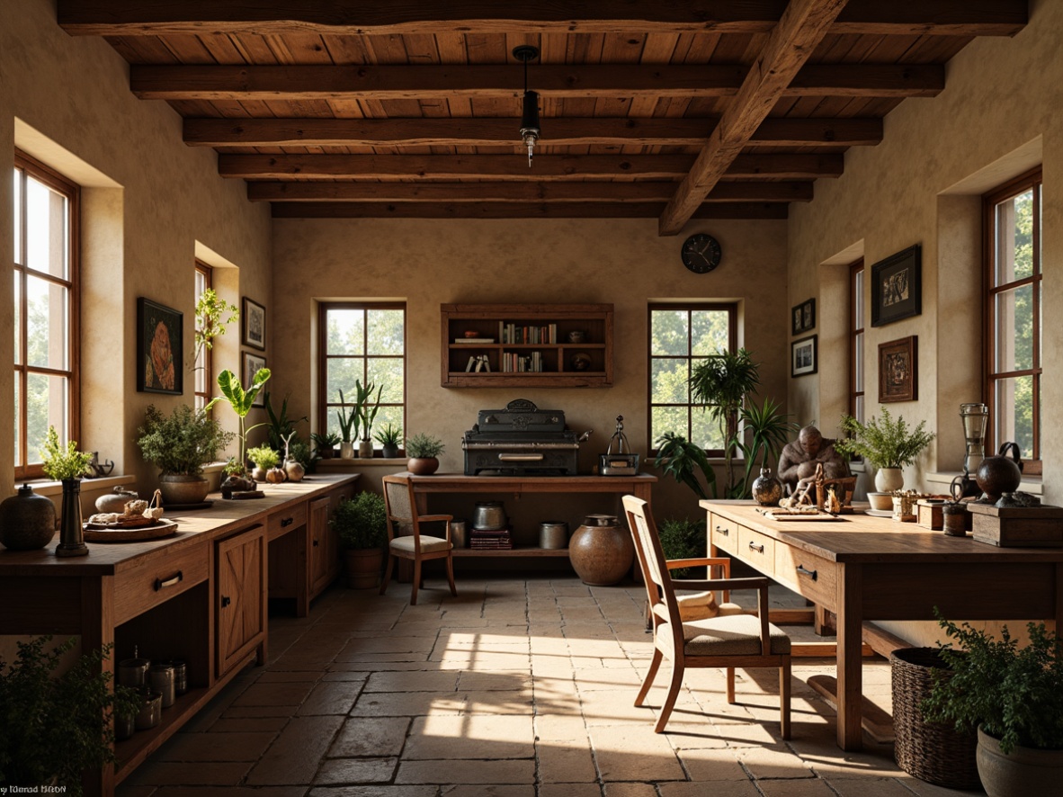 Prompt: Rustic wooden workshop, earthy tone color palette, warm beige walls, distressed wood accents, vintage metal tools, leather-bound tomes, rich brown furniture, soft warm lighting, natural textures, subtle grain patterns, worn stone floors, classic architectural details, elegant ornate fixtures, muted greenery, morning sunlight, shallow depth of field, 1/2 composition, realistic render, ambient occlusion.