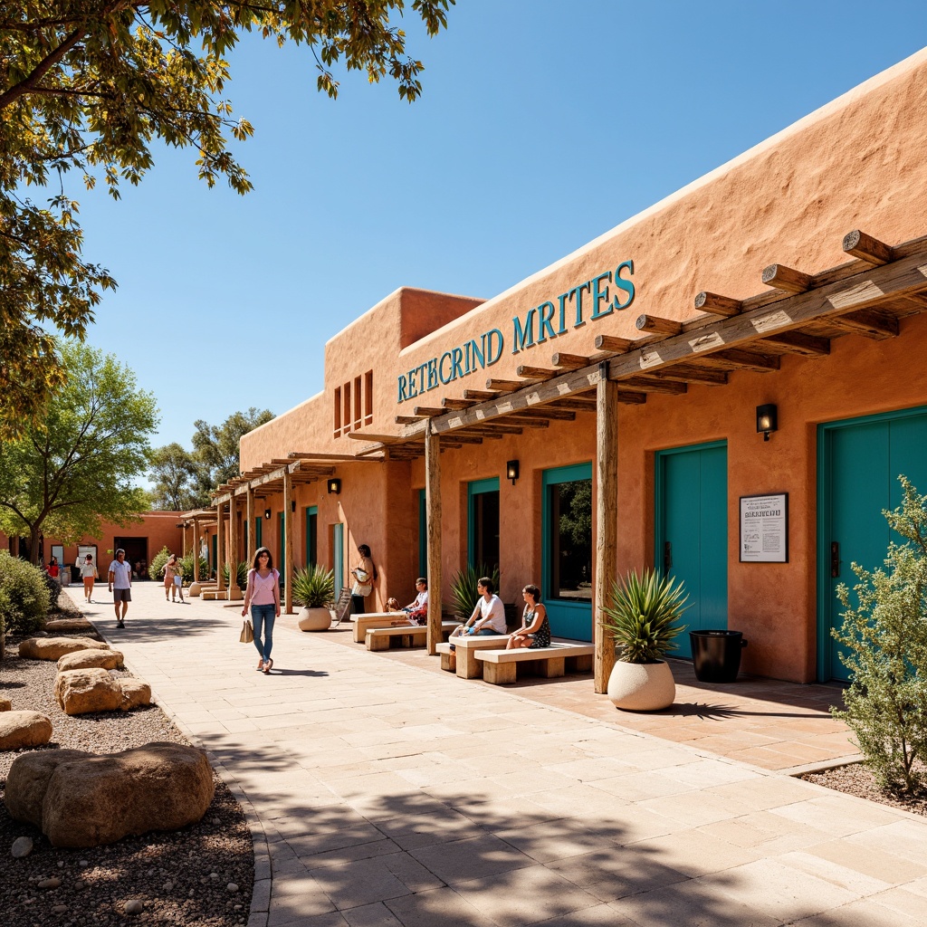 Prompt: Vibrant southwestern bus station, adobe-style architecture, terracotta roofing, stucco walls, vibrant turquoise accents, rustic wooden benches, desert landscaping, cacti plants, sun-bleached signage, bold typography, earthy color palette, natural stone flooring, Southwestern-inspired patterns, geometric shapes, warm sunny day, soft shadows, shallow depth of field, 3/4 composition, realistic textures, ambient occlusion.