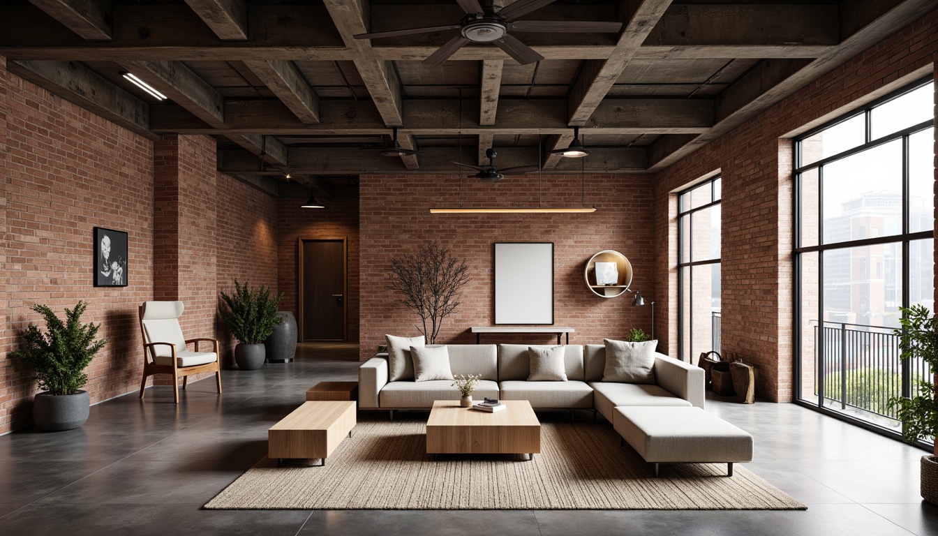 Prompt: Exposed brick walls, polished concrete floors, industrial metal beams, minimalist wooden furniture, geometric patterns, monochromatic color schemes, functional lighting fixtures, raw steel accents, reclaimed wood decorative elements, urban loft atmosphere, modernist architectural influences, clean lines, open spaces, natural textiles, earthy tones, warm ambient lighting, shallow depth of field, 1/1 composition, realistic materials, subtle weathering effects.