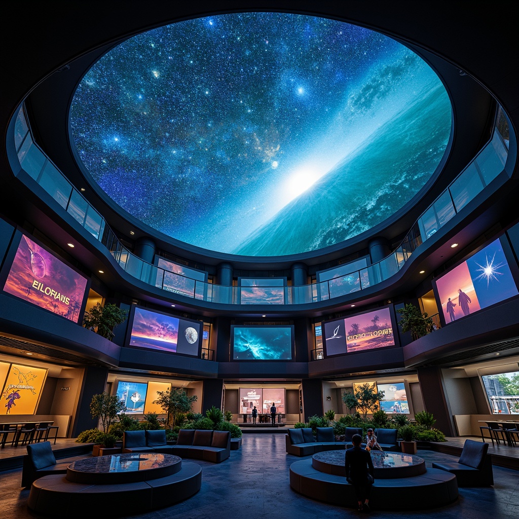 Prompt: Cosmic planetarium, dark blues, deep purples, neon greens, vibrant oranges, starry night sky, celestial bodies, 3D projections, futuristic architecture, dome-shaped ceiling, circular seating, interactive exhibits, educational displays, ambient lighting, soft glow effects, mystical atmosphere, sense of wonder, panoramic views, realistic textures, high-tech equipment.