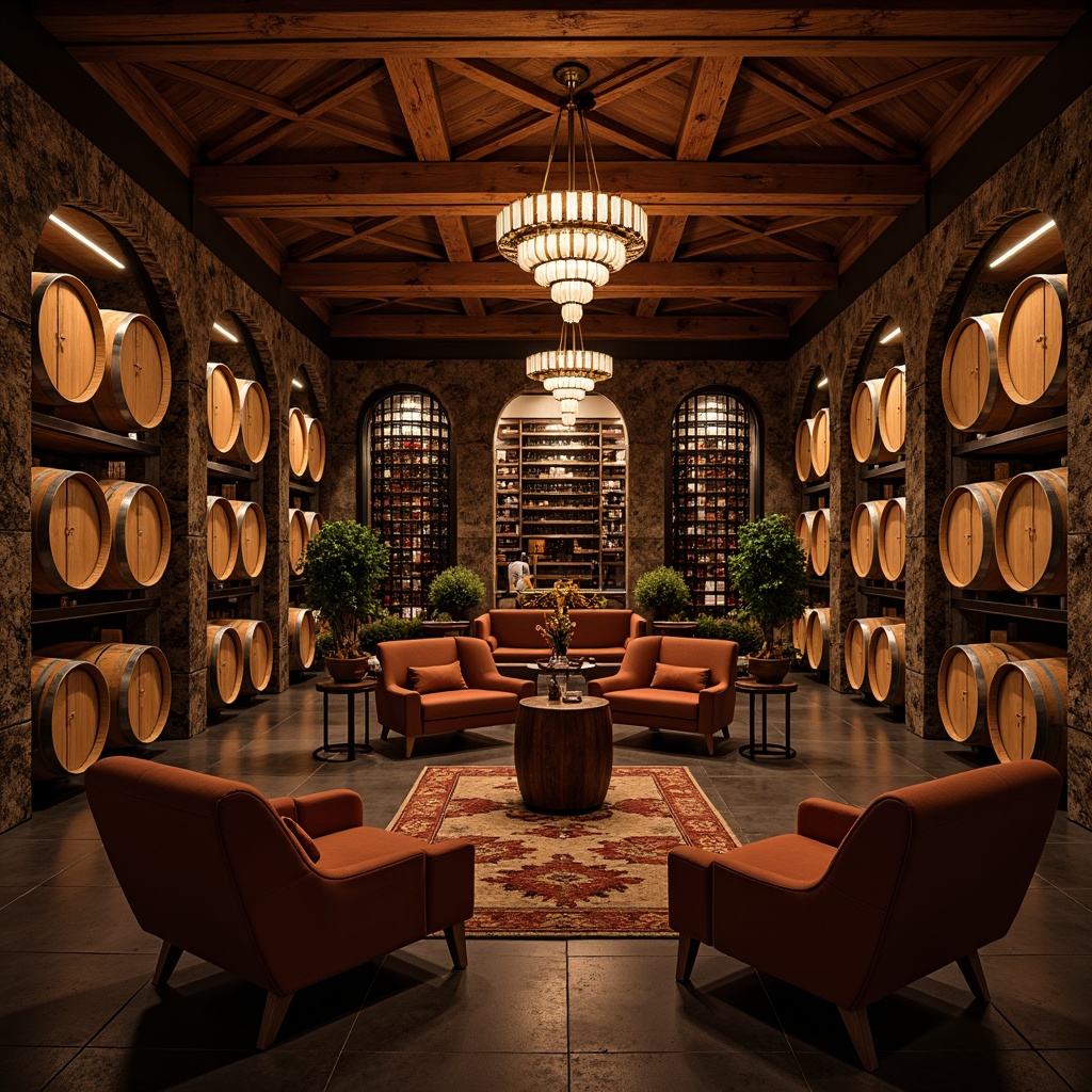 Prompt: Luxurious wine cellar, rich wood accents, velvety smooth wine barrels, dim warm lighting, intimate seating areas, plush sofas, stylish armchairs, ornate coffee tables, elegant wine racks, sophisticated chandeliers, rustic stone walls, polished metal finishes, atmospheric ambiance, soft focus, shallow depth of field, 1/2 composition, realistic textures, ambient occlusion.