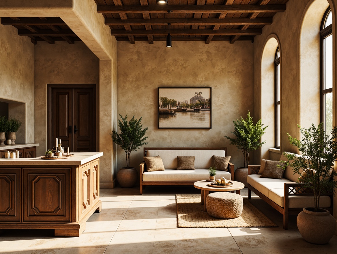 Prompt: Warm beige walls, rich wood accents, distressed wooden furniture, ornate metalwork, plush velvet upholstery, creamy marble countertops, decorative ceramic tiles, natural woven fibers, earthy terracotta pots, lush greenery, soft warm lighting, 3/4 composition, shallow depth of field, realistic textures, ambient occlusion.