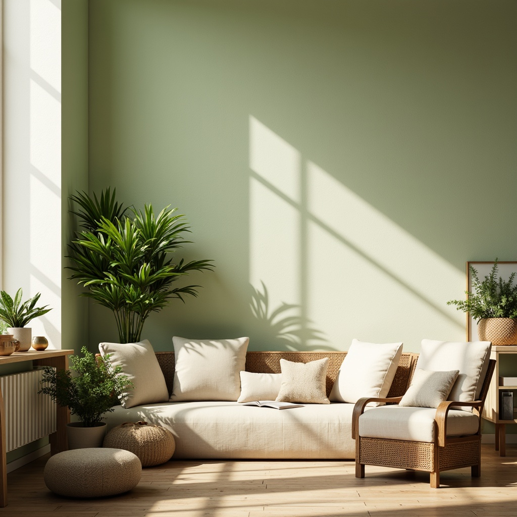 Prompt: Soft natural light, light green walls, creamy white accents, warm beige furniture, lush plants, wooden floors, minimalist decor, cozy reading nook, comfortable pillows, soft blankets, calming atmosphere, serene ambiance, warm sunny day, gentle shadows, shallow depth of field, 1/1 composition, realistic textures, ambient occlusion.