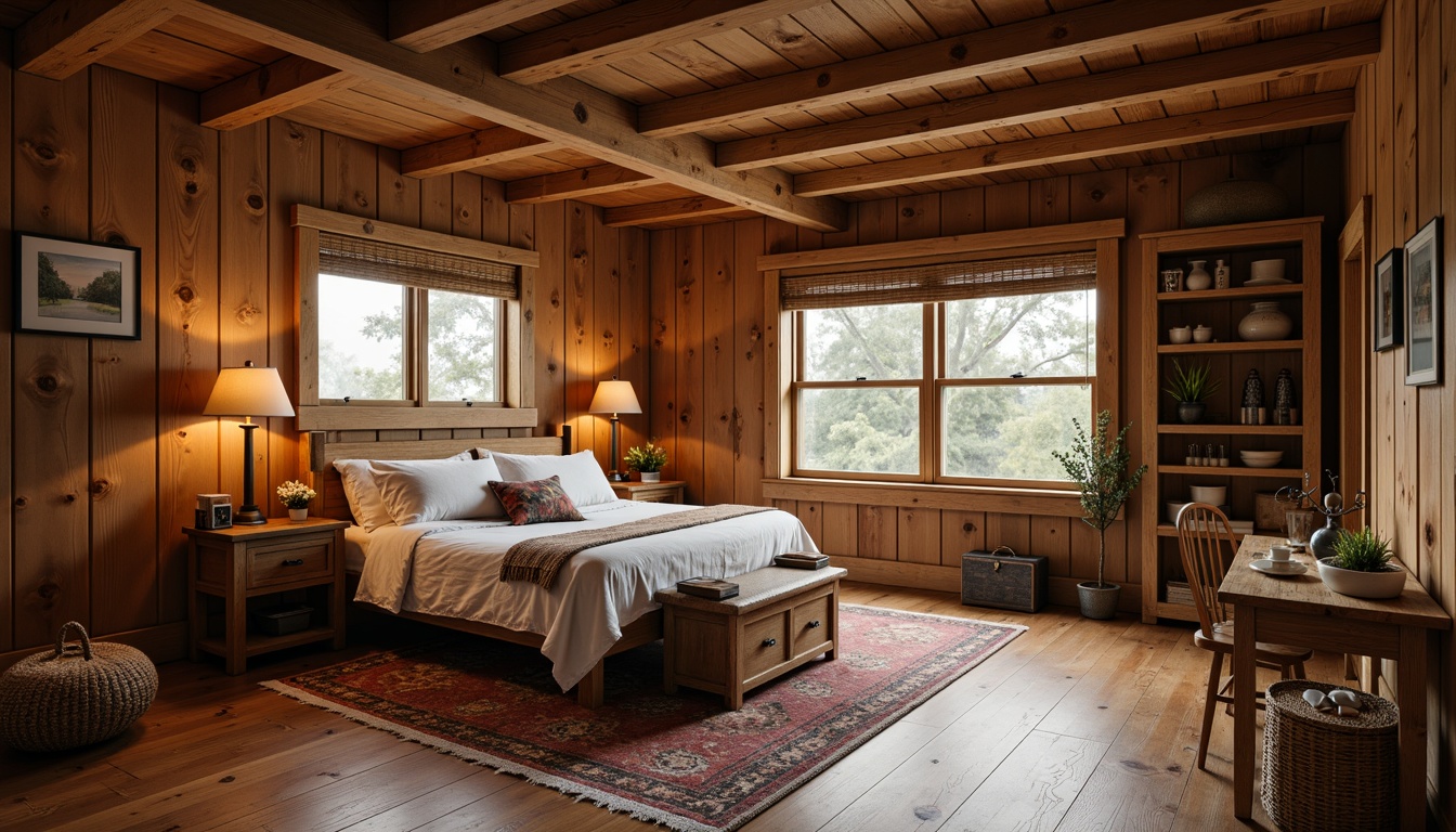 Prompt: Cozy bedroom, warm wooden accents, rustic woodwork, traditional craftsmanship, solid oak furniture, plush area rug, earthy color palette, natural textures, woven baskets, vintage metal fixtures, soft warm lighting, shallow depth of field, 1/2 composition, intimate atmosphere, realistic wood grain, ambient occlusion.