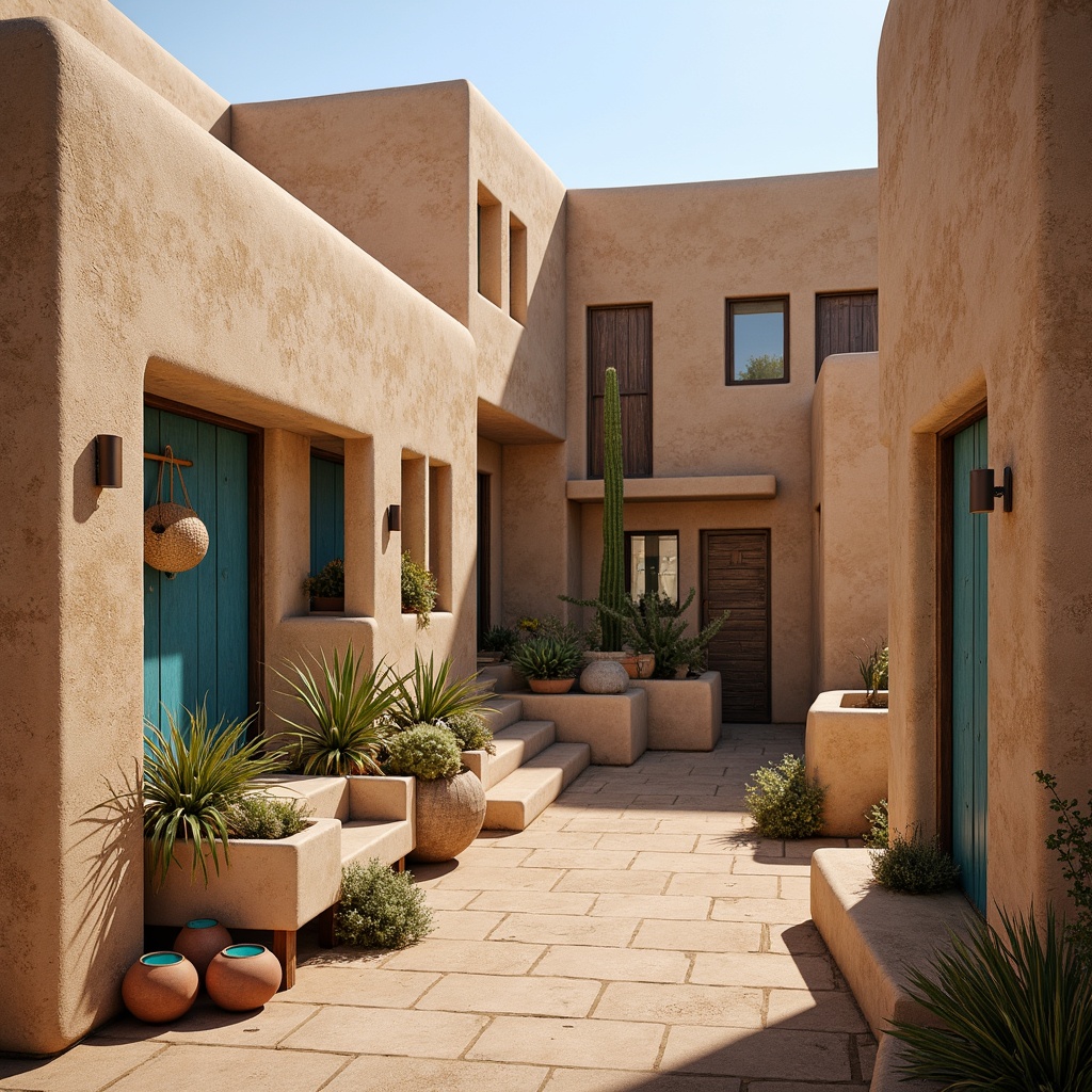 Prompt: \Earthy adobe architecture, warm sandy dunes, indigo accents, natural stone walls, rustic wooden doors, woven fiber textiles, organic curved lines, desert botanicals, cacti silhouettes, vibrant turquoise touches, earthy terracotta pots, soft diffused lighting, high contrast shadows, atmospheric perspective, 1/2 composition, realistic weathered textures, ambient occlusion.\