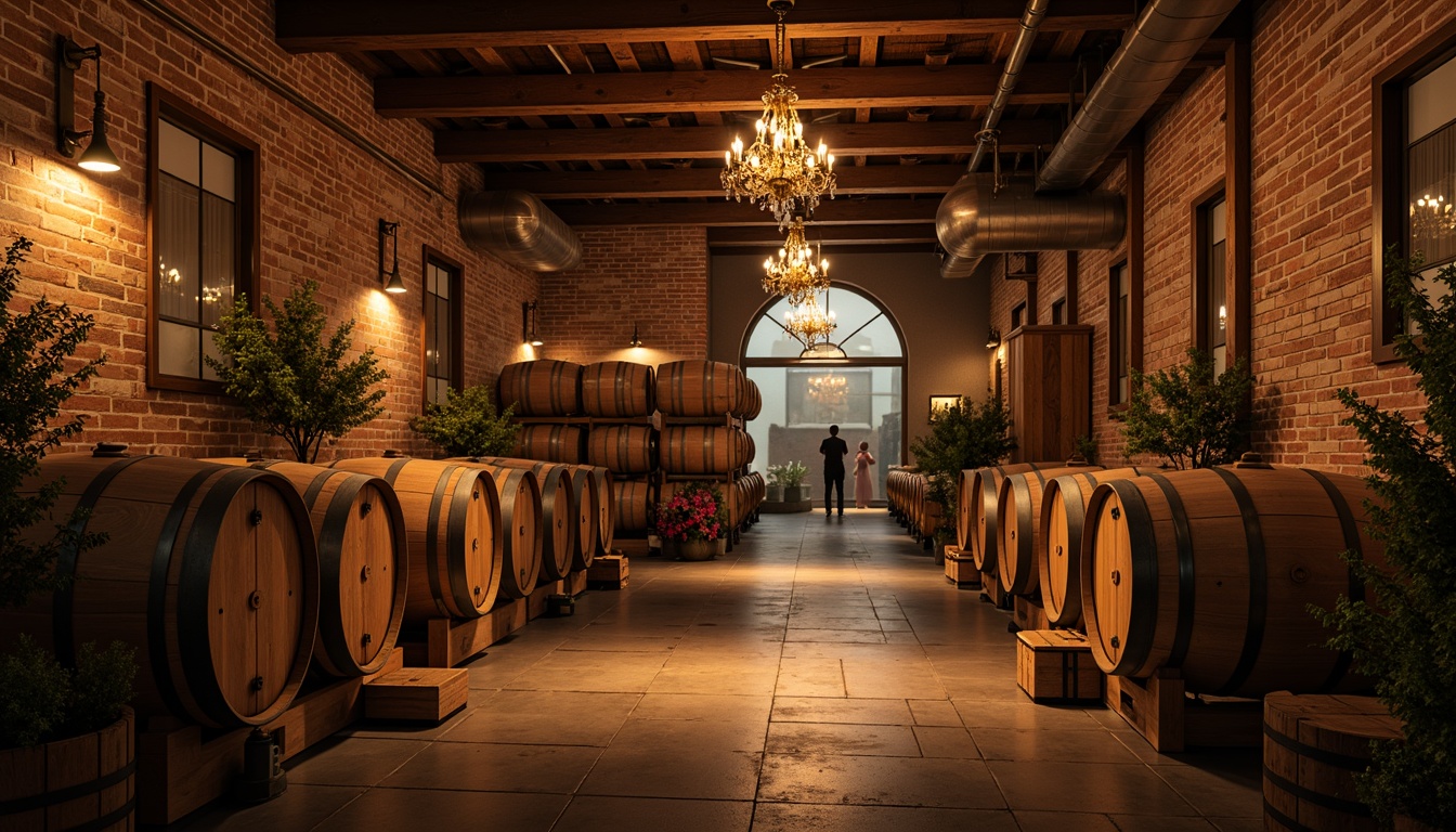 Prompt: Rustic winery, wooden barrels, vintage wine-making equipment, dimmed ambient lighting, warm golden tones, softbox lights, industrial metal shades, exposed brick walls, reclaimed wood accents, earthy color palette, cozy intimate atmosphere, subtle spotlighting, dramatic ceiling heights, grand chandeliers, ornate metalwork, elegant crystal fixtures, warm white LED lighting, rustic wooden beams, natural stone floors, aged wooden crates, classic wine cellar ambiance.