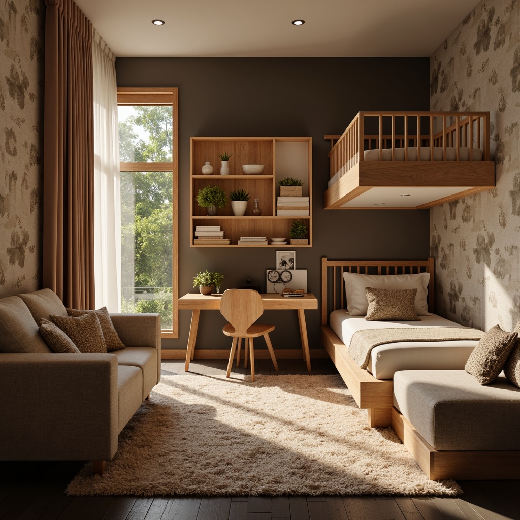 Prompt: Cozy dorm room, textured walls, soft warm lighting, plush carpets, minimalist furniture, compact storage solutions, modern bunk beds, wooden accents, natural fabrics, earthy tones, calming atmosphere, shallow depth of field, 1/1 composition, realistic textures, ambient occlusion.