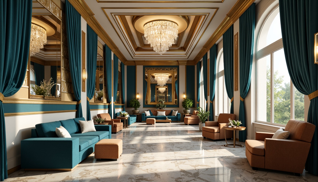 Prompt: Luxurious art deco interior, powder blue accent walls, metallic gold trim, ornate geometric patterns, velvet upholstery, marble floors, crystal chandeliers, lavish drapery, rich wood tones, glamorous mirrors, sunlit windows, soft warm lighting, shallow depth of field, 2/3 composition, realistic textures, ambient occlusion.