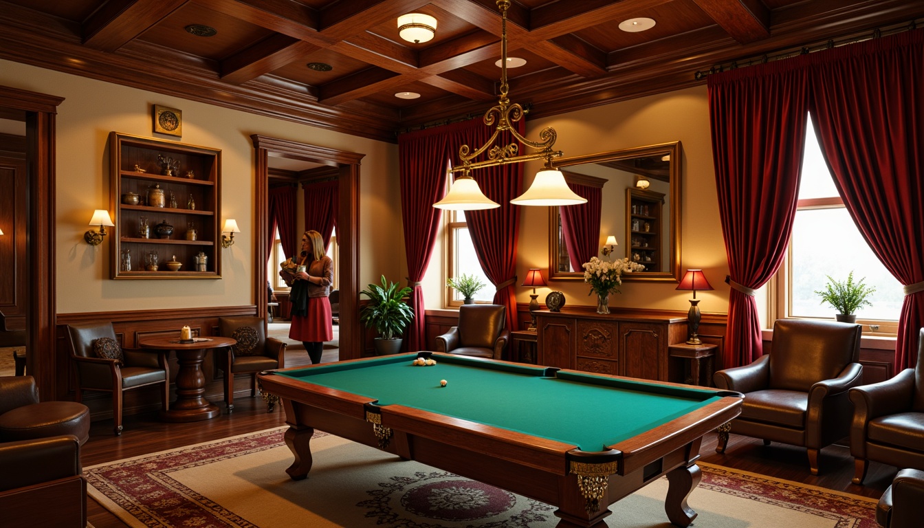 Prompt: Warm traditional game room, rich wood paneling, comfortable leather armchairs, classic green baize felt, vintage billiard tables, ornate golden lamps, warm beige walls, deep crimson red accents, soft velvet drapes, intricate wooden carvings, rustic wooden shelves, cozy atmosphere, warm golden lighting, shallow depth of field, 1/1 composition, realistic textures, ambient occlusion.