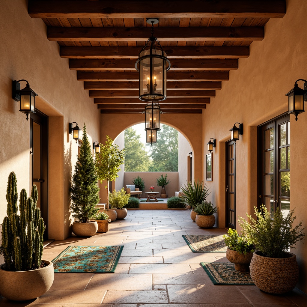 Prompt: Rustic hall, southwestern decor, warm earthy tones, wooden beams, adobe-inspired walls, vintage lighting fixtures, metal lanterns, pendant lamps, wrought iron chandeliers, candle-like sconces, dimmable track lights, warm white LED bulbs, cozy atmosphere, natural stone floors, plush area rugs, desert botanicals, cacti plants, Southwestern patterns, vibrant turquoise accents, warm sunny day, soft golden lighting, 3/4 composition, shallow depth of field.