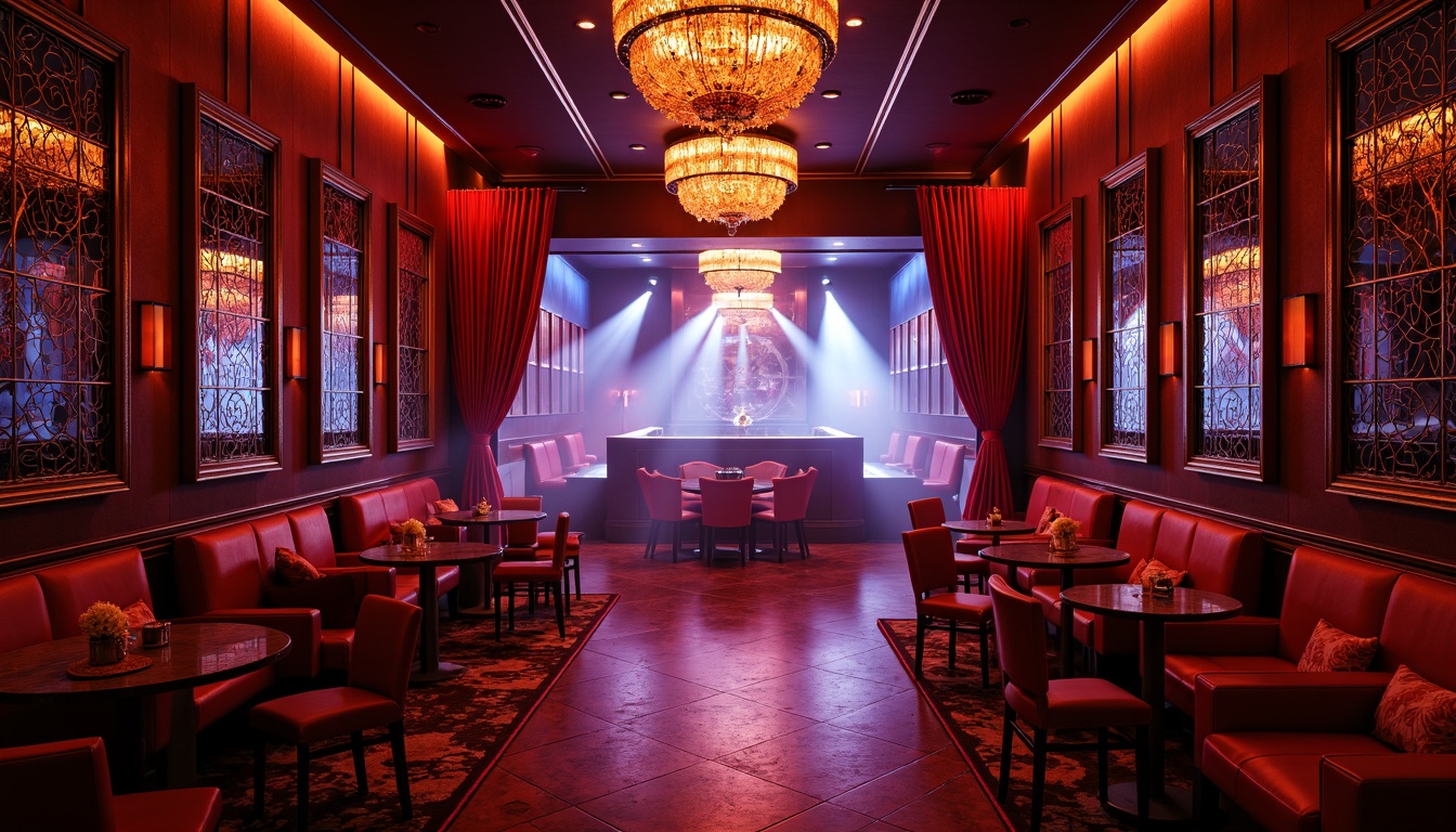 Prompt: Luxurious nightclub, metallic accents, ornate mirrors, velvet drapes, rich wood paneling, geometric patterns, chrome details, Art Deco motifs, glamorous chandeliers, dim red lighting, fog machines, strobe lights, DJ booth, dance floor, comfortable seating areas, luxurious fabrics, bold color schemes, opulent decorations, 3/4 composition, low-key lighting, dramatic shadows, high-contrast textures, reflective surfaces.