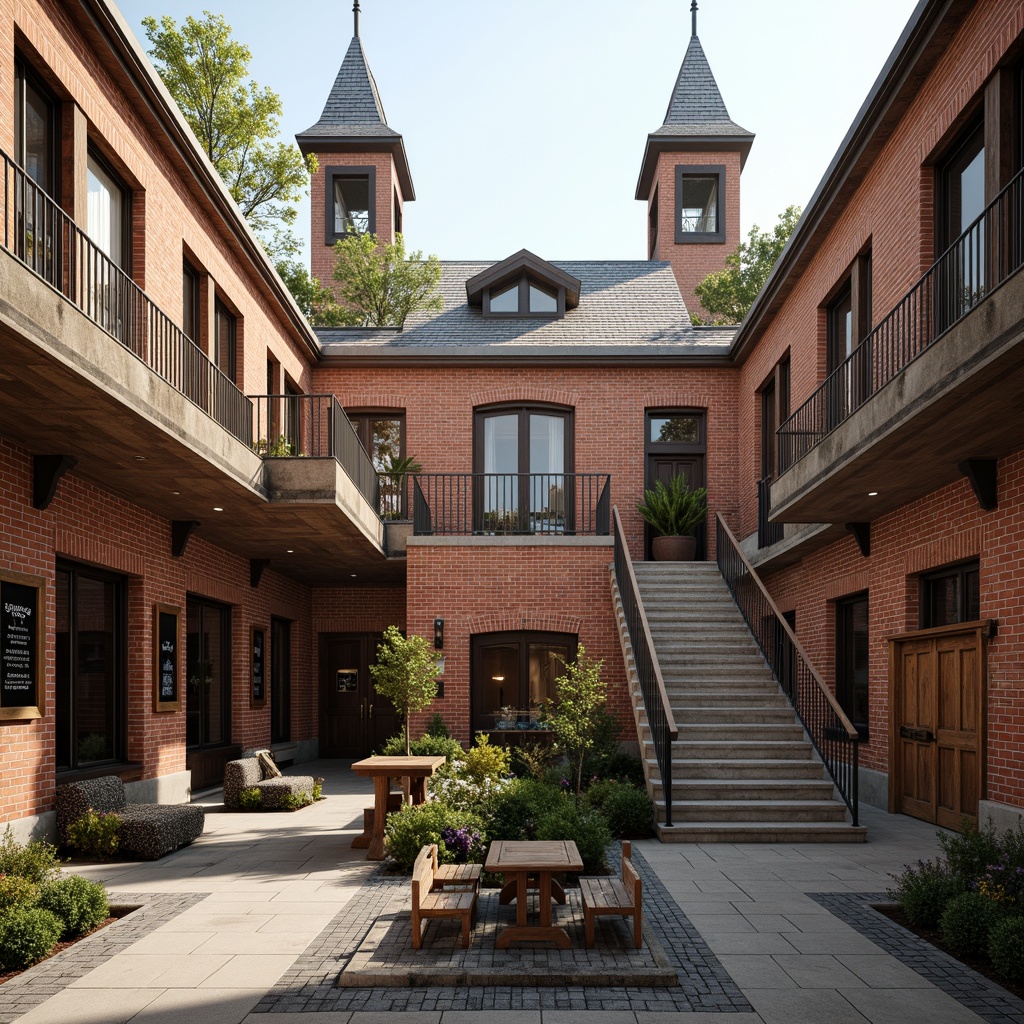 Prompt: Brick fa\u00e7ade, ornate entranceways, grand staircases, wooden lockers, vintage chalkboards, distressed wood accents, decorative metal railings, classic clock towers, traditional rooflines, earthy color palette, natural stone foundations, rustic outdoor seating, shaded courtyards, warm afternoon sunlight, soft focus effect, 1/2 composition, realistic textures, ambient occlusion.