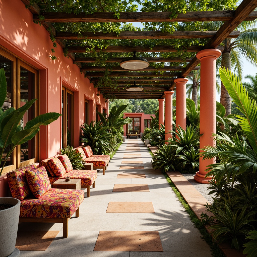 Prompt: Vibrant tropical hall, lush greenery, exotic plants, natural stone flooring, wooden accents, rattan furniture, colorful textiles, floral patterns, bold geometric motifs, eclectic global-inspired decor, vibrant coral hues, sunny day, soft warm lighting, shallow depth of field, 3/4 composition, panoramic view, realistic textures, ambient occlusion.