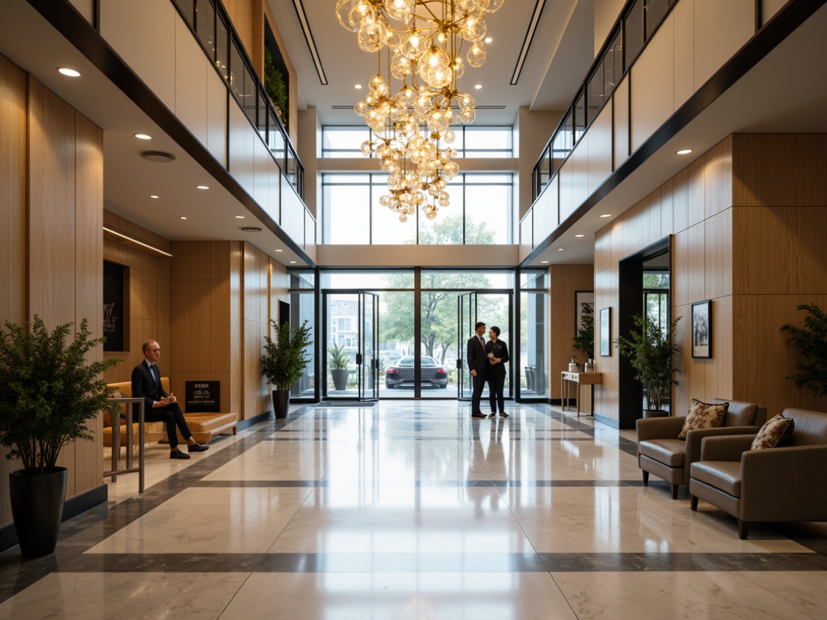 Prompt: Elegant entrance hall, gleaming glass doors, sleek metal handles, polished chrome fixtures, spacious foyer, high ceilings, modern chandelier, luxurious marble flooring, sophisticated glass railings, minimalist decor, abundant natural light, warm ambient lighting, shallow depth of field, 3/4 composition, panoramic view, realistic reflections, subtle shadows.