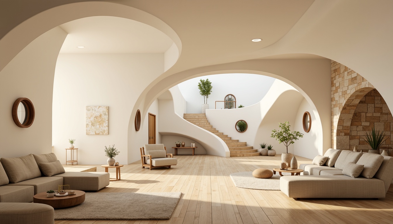 Prompt: Organic curves, flowing shapes, soft warm lighting, minimalist decor, smooth wooden floors, rounded furniture pieces, elliptical archways, sweeping staircases, circular columns, creamy white walls, subtle texture accents, natural stone features, earthy color palette, cozy intimate atmosphere, shallow depth of field, 1/1 composition, panoramic view, realistic renderings, ambient occlusion.