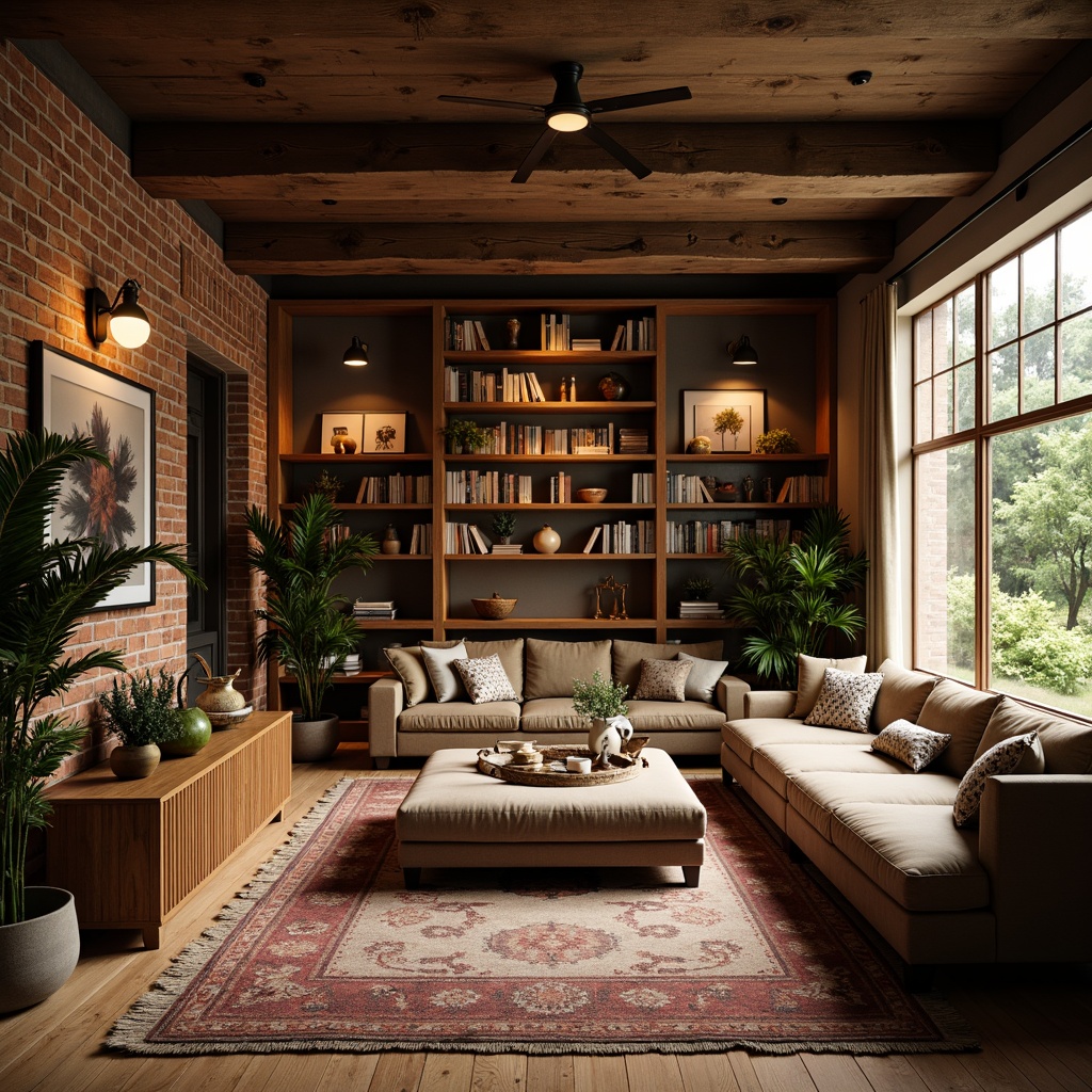 Prompt: Warm earthy tones, natural materials, wooden accents, exposed beams, rustic brick walls, vintage fixtures, rich wood flooring, plush area rugs, comfortable oversized furniture, soft warm lighting, cozy reading nooks, built-in shelving units, decorative trims, ornate metalwork, organic textures, nature-inspired color palette, 1/2 composition, intimate atmosphere, realistic renderings.