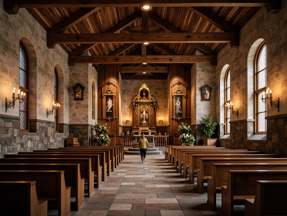 Prompt: Rustic church interior, wooden accents, reclaimed wood beams, distressed wood paneling, natural stone walls, stained glass windows, vaulted ceilings, wooden pews, ornate wooden altars, candlelit ambiance, warm golden lighting, shallow depth of field, 1/1 composition, realistic textures, ambient occlusion.