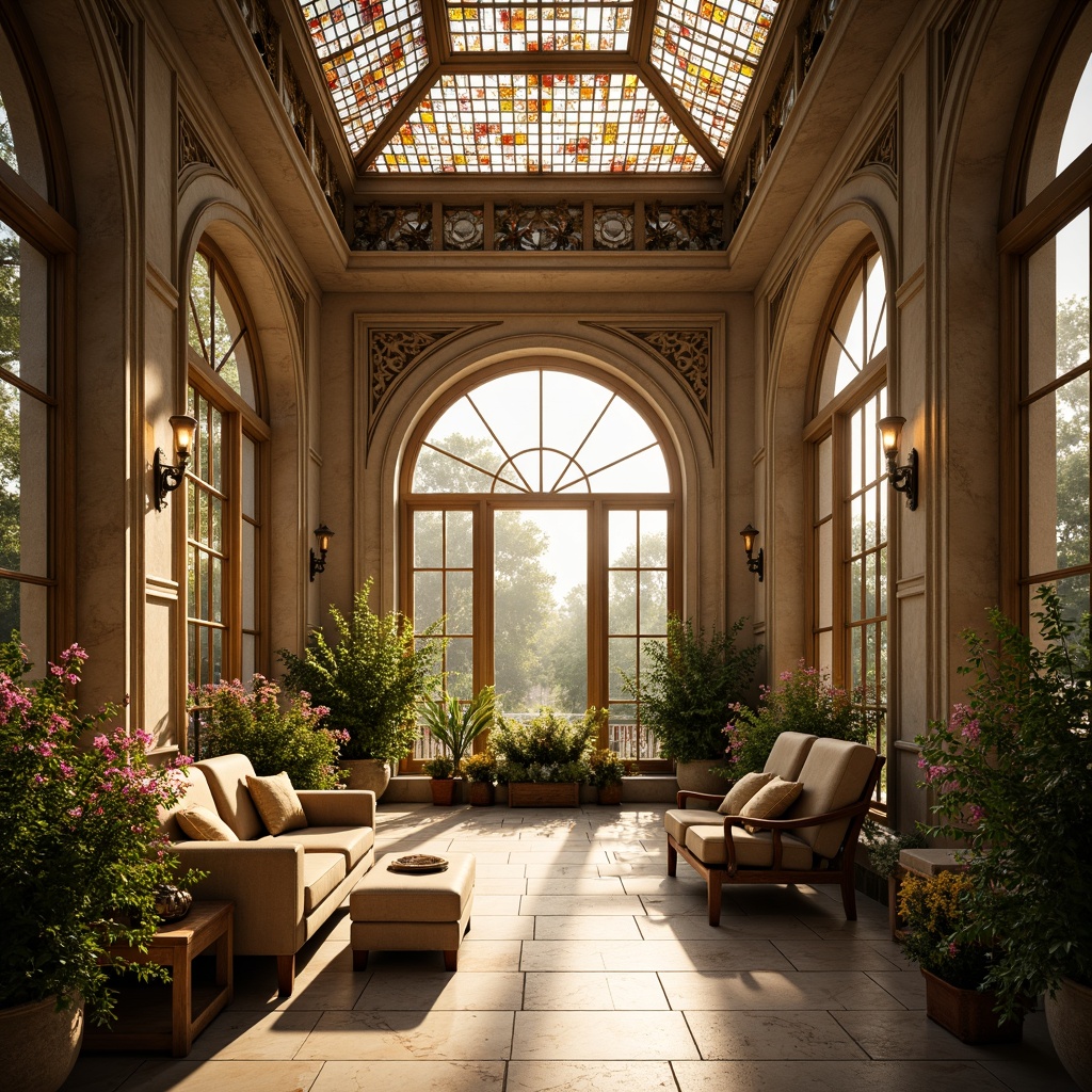 Prompt: Sun-drenched sunroom, Renaissance-style architecture, ornate stone carvings, grand arched windows, stained glass ceilings, marble floors, elegant furnishings, lush greenery, blooming flowers, soft warm lighting, golden hour glow, shallow depth of field, 1/1 composition, panoramic view, realistic textures, ambient occlusion.