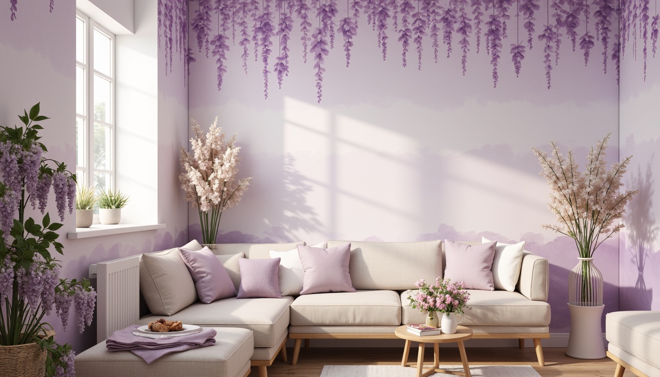 Prompt: Soft lavender walls, delicate wisteria flowers, pastel purple accents, warm beige furniture, creamy white trim, natural wood flooring, elegant drapery, sheer curtains, subtle gradient effects, gentle ombre textures, whimsical watercolor patterns, romantic soft focus, shallow depth of field, 1/1 composition, warm golden lighting, cozy intimate atmosphere.