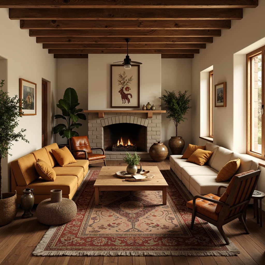 Prompt: Cozy living room, plush velvet sofas, rustic wooden tables, vintage rugs, warm golden lighting, soft cream-colored walls, natural stone fireplace, woven wicker baskets, rich leather armchairs, ornate bronze vases, earthy terracotta pots, lush greenery, subtle gradient shadows, 1/2 composition, shallow depth of field, realistic textures, ambient occlusion.