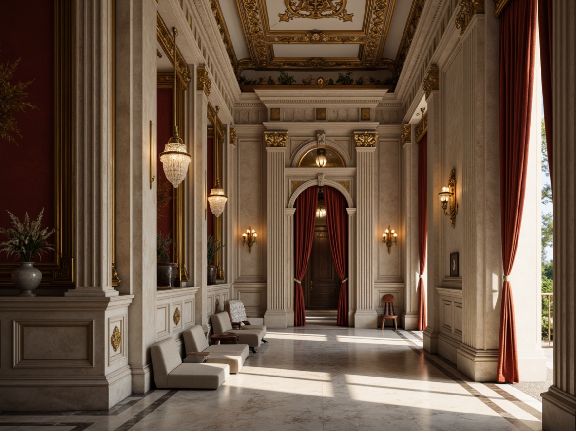 Prompt: Elegant neoclassical facade, ornate columns, intricately carved details, smooth marble surfaces, richly textured stone walls, ornamental moldings, gilded accents, luxurious velvet drapes, crystal chandeliers, refined wood paneling, subtle warm lighting, shallow depth of field, 2/3 composition, soft focus, realistic reflections, ambient occlusion.