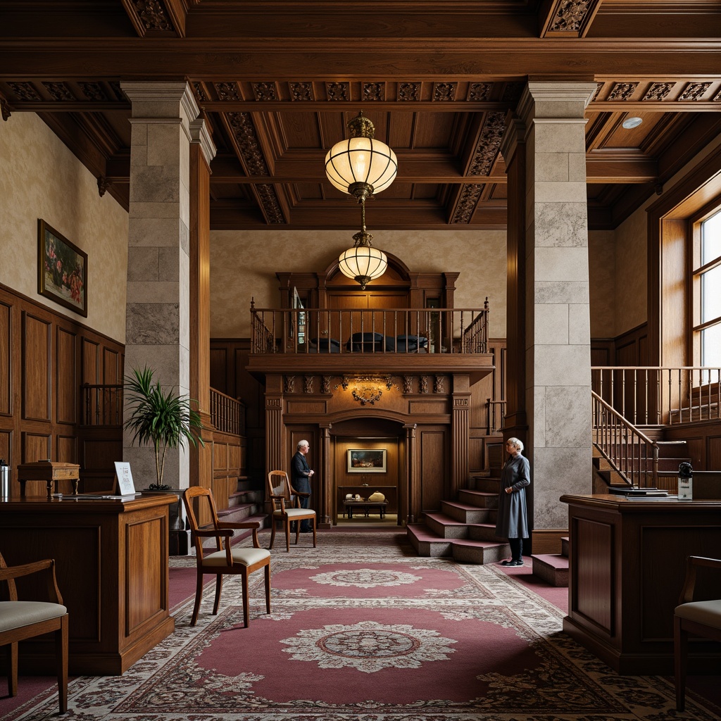 Prompt: Historic courthouse interior, rich wooden accents, ornate furnishings, majestic stone columns, grand staircases, elegant chandeliers, solemn judicial atmosphere, muted earthy tones, warm beige walls, dark wood paneling, polished brass fixtures, soft natural lighting, subtle texture overlays, nuanced color grading, 1/2 composition, realistic material reflections, ambient occlusion.