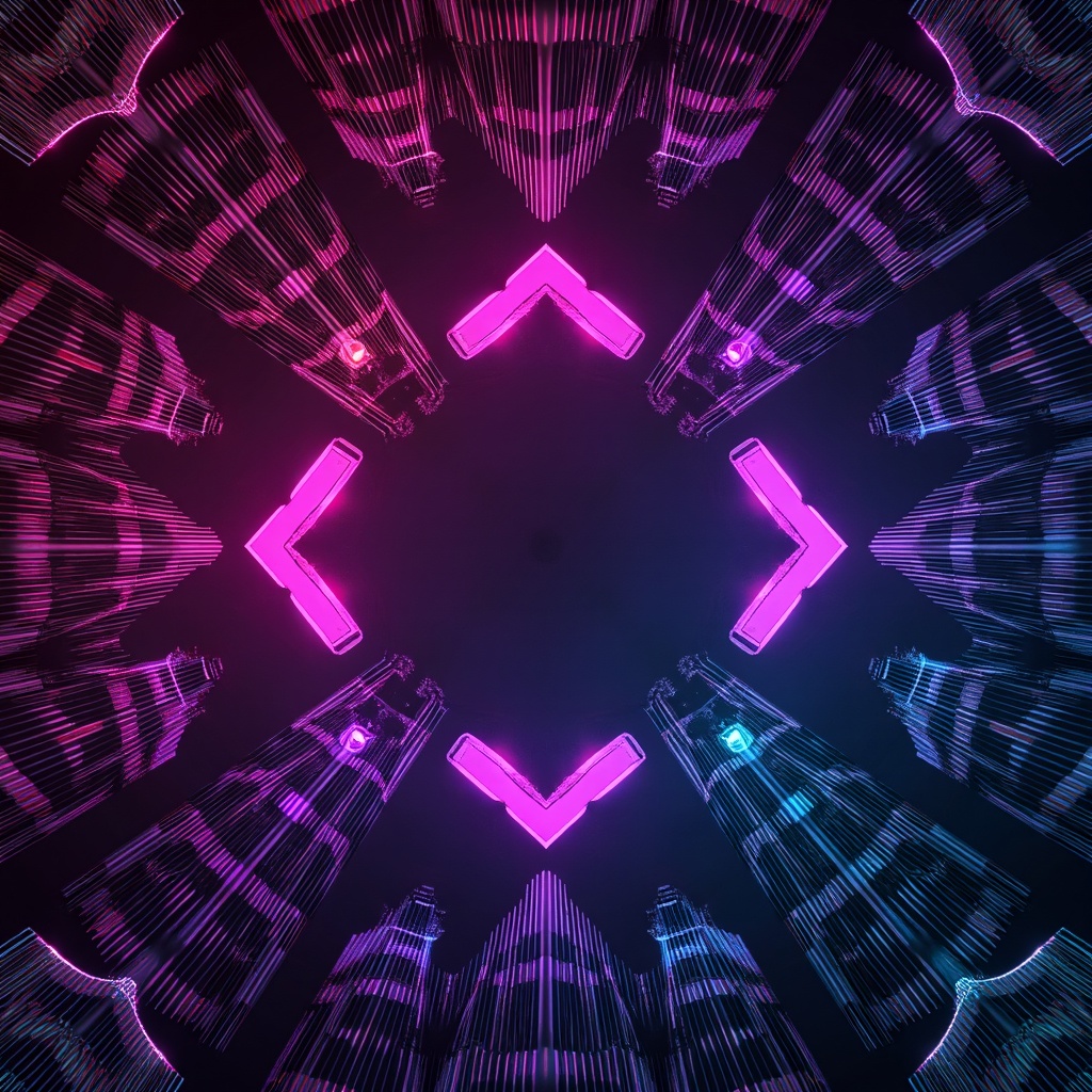 Prompt: Vibrant abstract background, geometric patterns, intersecting lines, angular shapes, minimalist composition, bold color scheme, futuristic aesthetic, metallic surfaces, reflective materials, neon lights, urban cityscape, sleek skyscrapers, modern architecture, 3D modeling, low-poly design, atmospheric lighting, cinematic mood, shallow depth of field, 2/3 composition, symmetrical arrangement, abstract art inspiration.