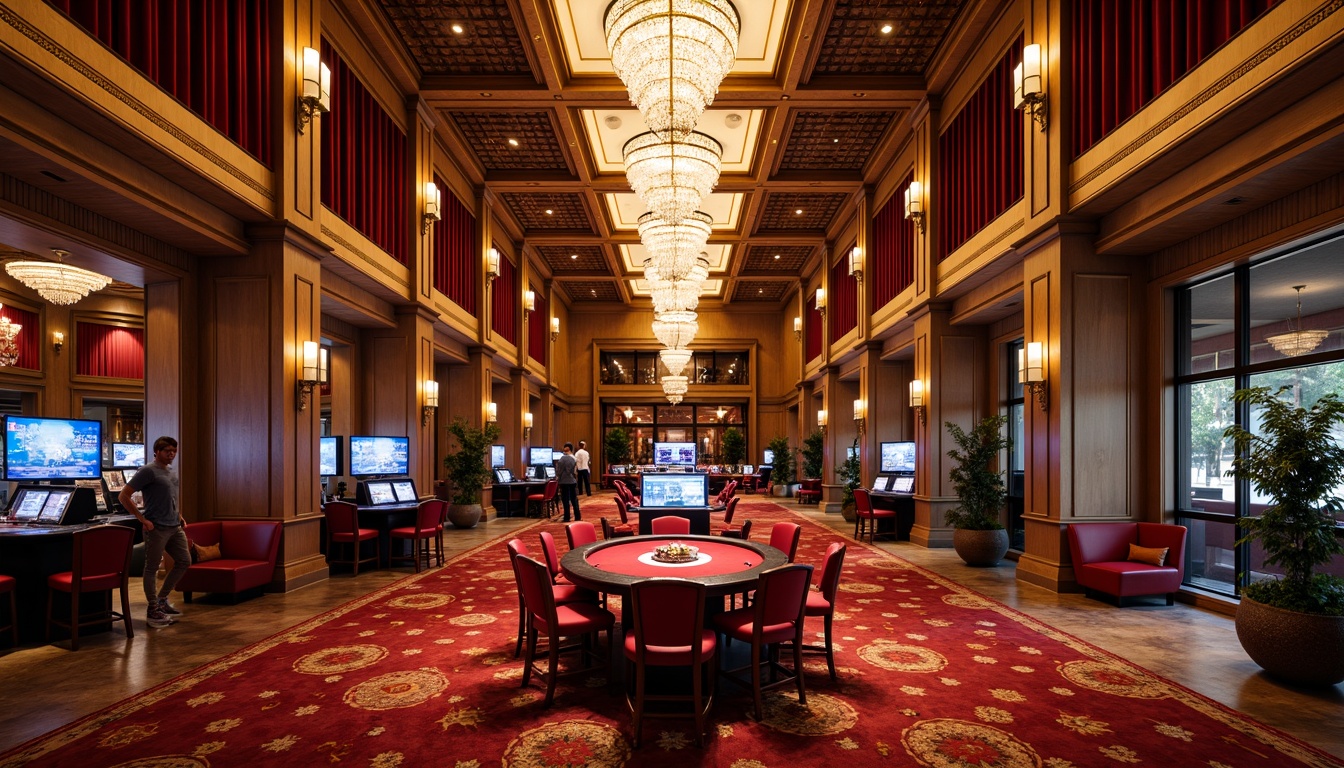 Prompt: Elegant casino interior, rich velvet drapes, ornate gold accents, polished marble floors, lavish crystal chandeliers, plush crimson carpets, intricate moldings, luxurious wood paneling, sophisticated ceiling details, refined smoked glass partitions, opulent furniture upholstery, extravagant LED lighting, dramatic high ceilings, majestic columns, grand staircases, warm ambient illumination, cinematic composition, shallow depth of field.