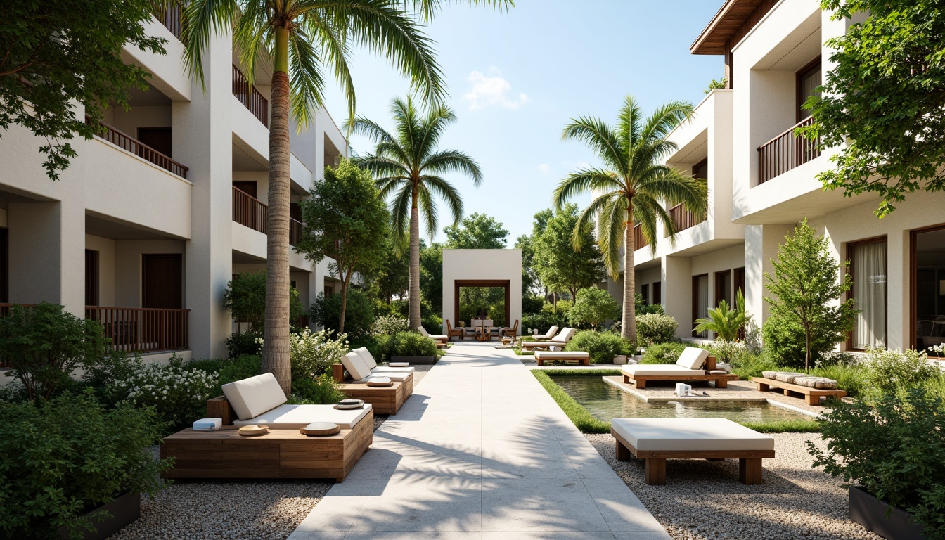 Prompt: Open-air courtyard, lush greenery, natural stone flooring, wooden benches, minimal modern architecture, large windows, sliding glass doors, tropical plants, palm trees, gentle breeze, warm sunny day, soft diffused lighting, shallow depth of field, 3/4 composition, panoramic view, realistic textures, ambient occlusion, outdoor furniture, comfortable seating areas, refreshing water features, small ponds, subtle fountains, pebbled pathways.