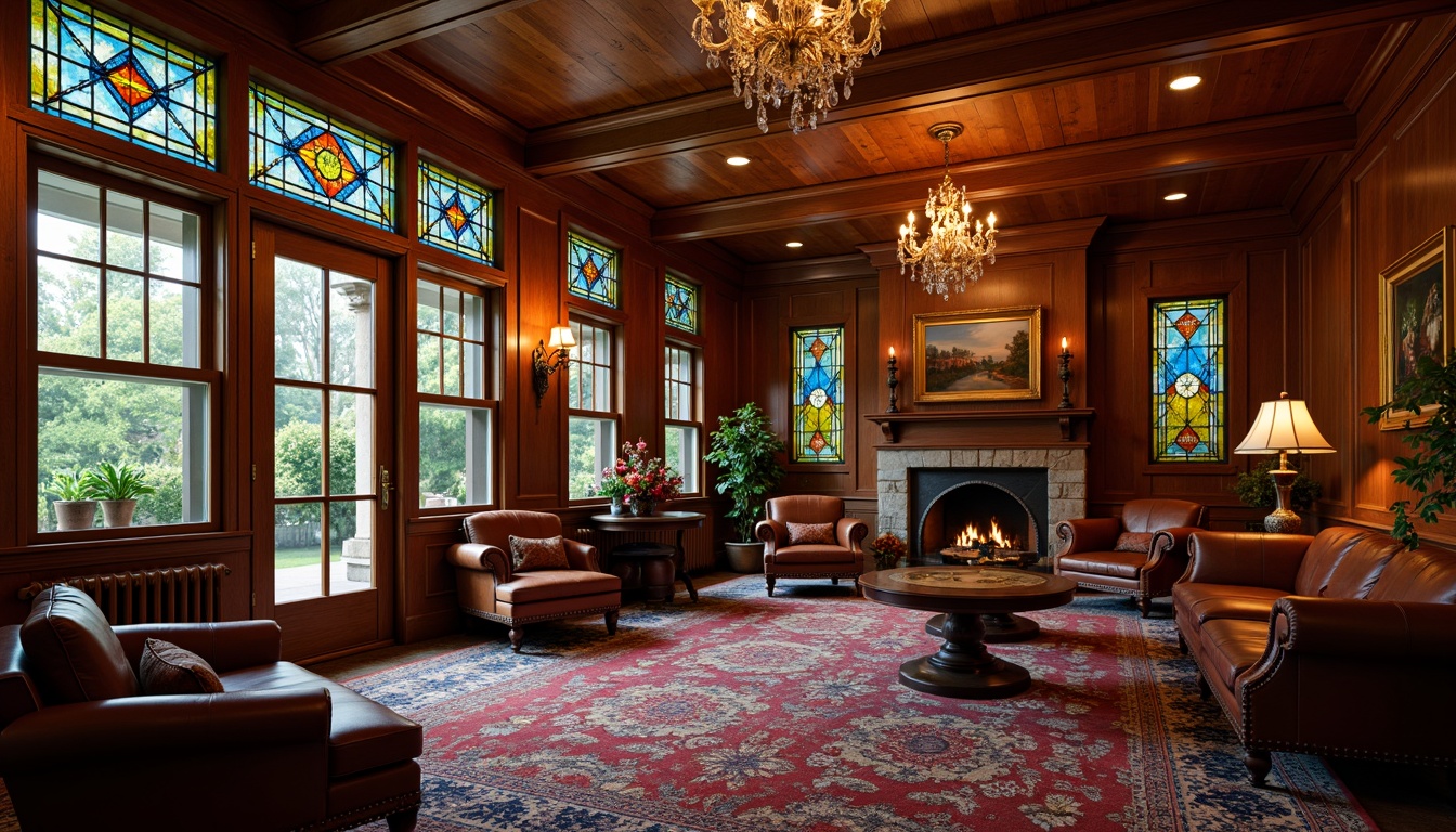 Prompt: Cozy game room, traditional wooden paneling, plush carpets, rich leather sofas, warm fireplaces, ornate wooden furniture, vintage game tables, stained glass windows, colorful leaded glass doors, sparkling crystal chandeliers, soft warm lighting, intimate atmosphere, 1/2 composition, shallow depth of field, realistic textures, ambient occlusion.