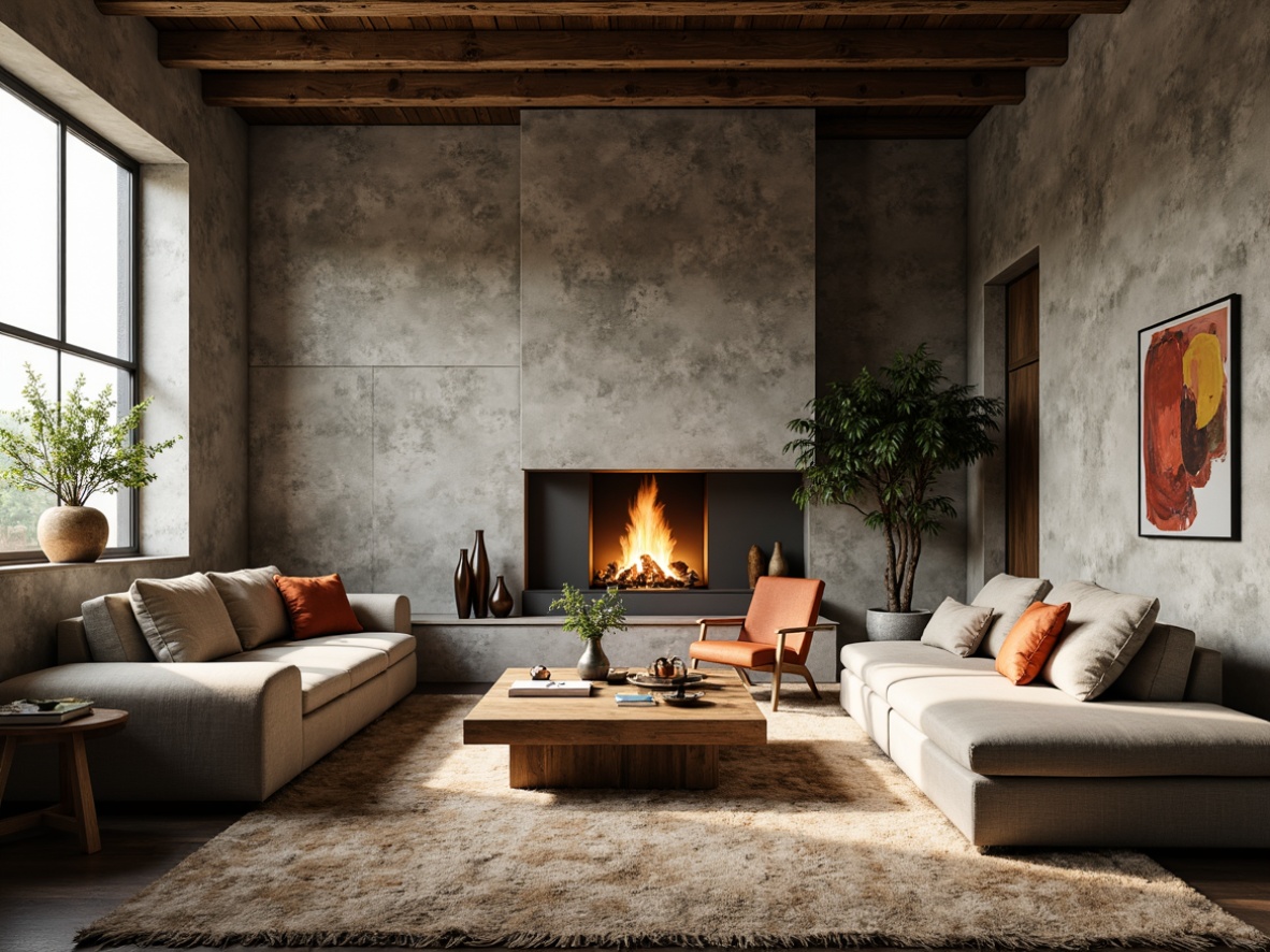 Prompt: Rustic modern living room, textured concrete walls, earthy color palette, industrial chic decor, reclaimed wood accents, metal beam ceiling, cozy reading nook, plush sectional sofa, abstract artwork, natural fiber rugs, warm ambient lighting, shallow depth of field, 1/2 composition, soft focus effect, realistic textures.