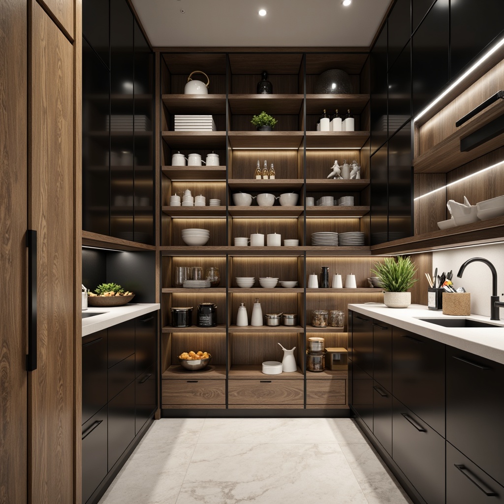 Prompt: Modern pantry, sleek cabinetry, high-gloss finishes, handle-free doors, soft-close drawers, LED lighting, floor-to-ceiling storage, minimalist aesthetic, neutral color palette, matte black hardware, quartz countertops, glass shelving, industrial-chic accents, urban loft atmosphere, natural wood tones, warm ambient lighting, shallow depth of field, 1/1 composition, realistic textures, ambient occlusion.