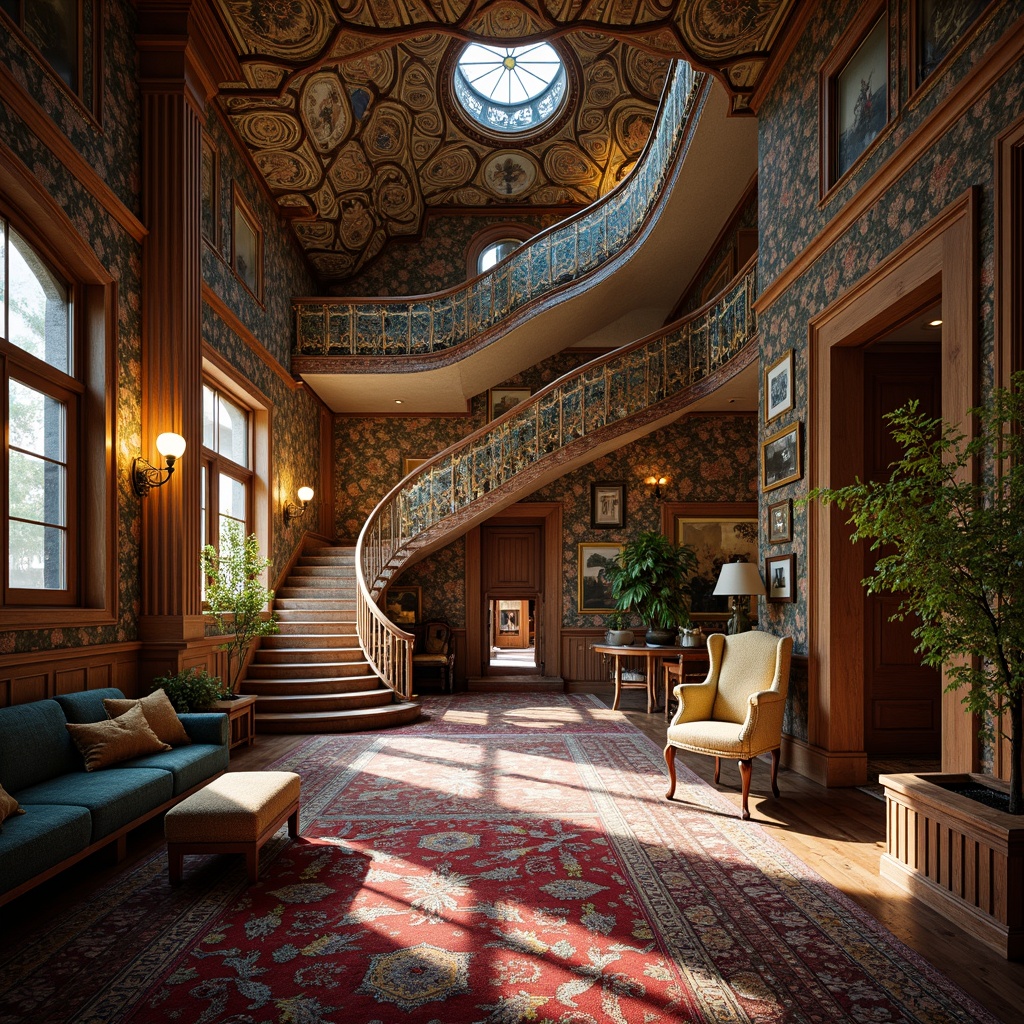 Prompt: Intricate ornate student halls, flowing organic lines, sinuous curves, whimsical florals, lavish textiles, rich velvety fabrics, embroidered silks, beaded tapestries, iridescent colors, shimmering metallic threads, ornate wooden furniture, curved banisters, grand staircases, stained glass windows, warm golden lighting, soft focus, shallow depth of field, 2/3 composition, intimate atmosphere, nostalgic ambiance.