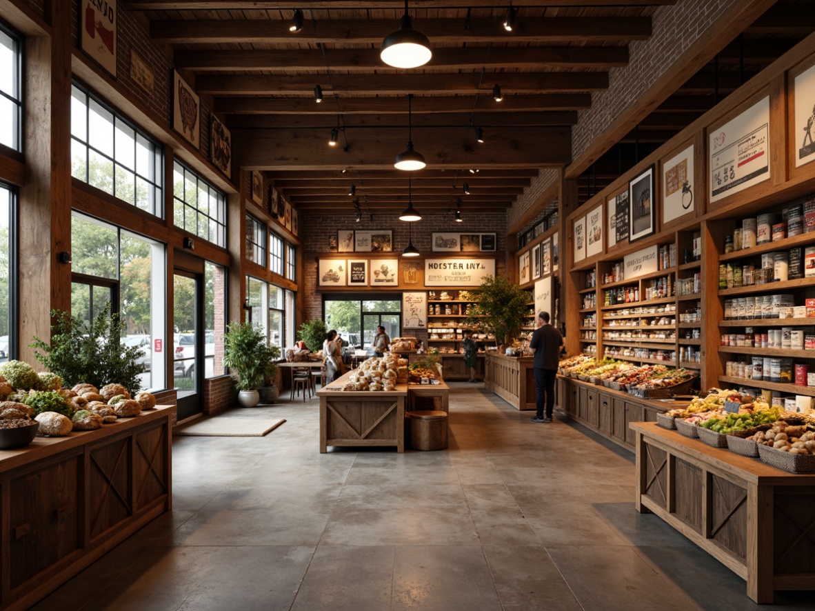 Prompt: Warm and inviting traditional grocery store, rustic wooden shelves, vintage metal signs, earthy tone brick walls, soft warm lighting, pendant lamps, matte finish metal fixtures, warm white LED lights, cozy aisleways, abundant natural light, large storefront windows, gentle shadows, 3/4 composition, realistic textures, ambient occlusion.