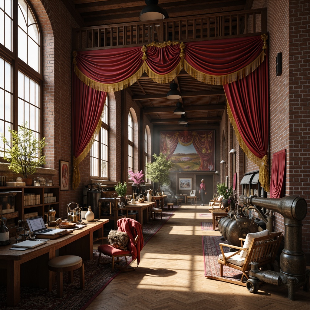 Prompt: Luxurious fabrics warehouse, ornate brick fa\u00e7ade, grandiose Victorian-style architecture, intricately patterned textiles, rich velvet drapes, lavish silk fabrics, ornamental golden accents, polished wooden floors, vintage industrial equipment, distressed leather belts, rusty metal gears, soft warm lighting, shallow depth of field, 1/1 composition, realistic textures, ambient occlusion, atmospheric misting effects.