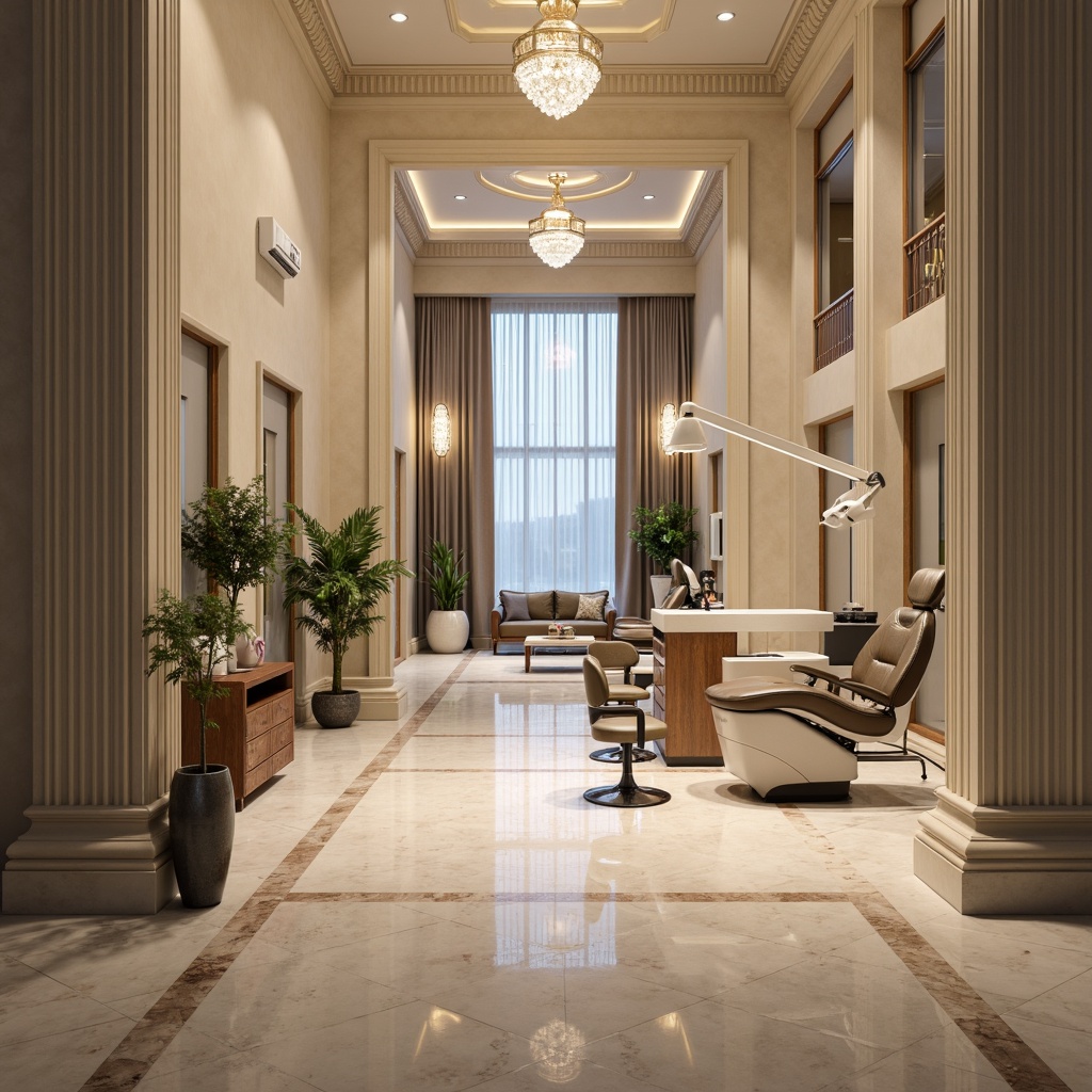 Prompt: Elegant dental clinic, neoclassical facade, ornate columns, grand entrance, polished marble floors, soft warm lighting, crystal chandeliers, subtle LED strips, ambient illumination, 3/4 composition, shallow depth of field, realistic textures, ambient occlusion, calm atmosphere, comfortable waiting area, sleek dental chairs, modern medical equipment, natural stone accents, wooden cabinetry, subtle color palette, creamy whites, soothing blues, warm beige tones.