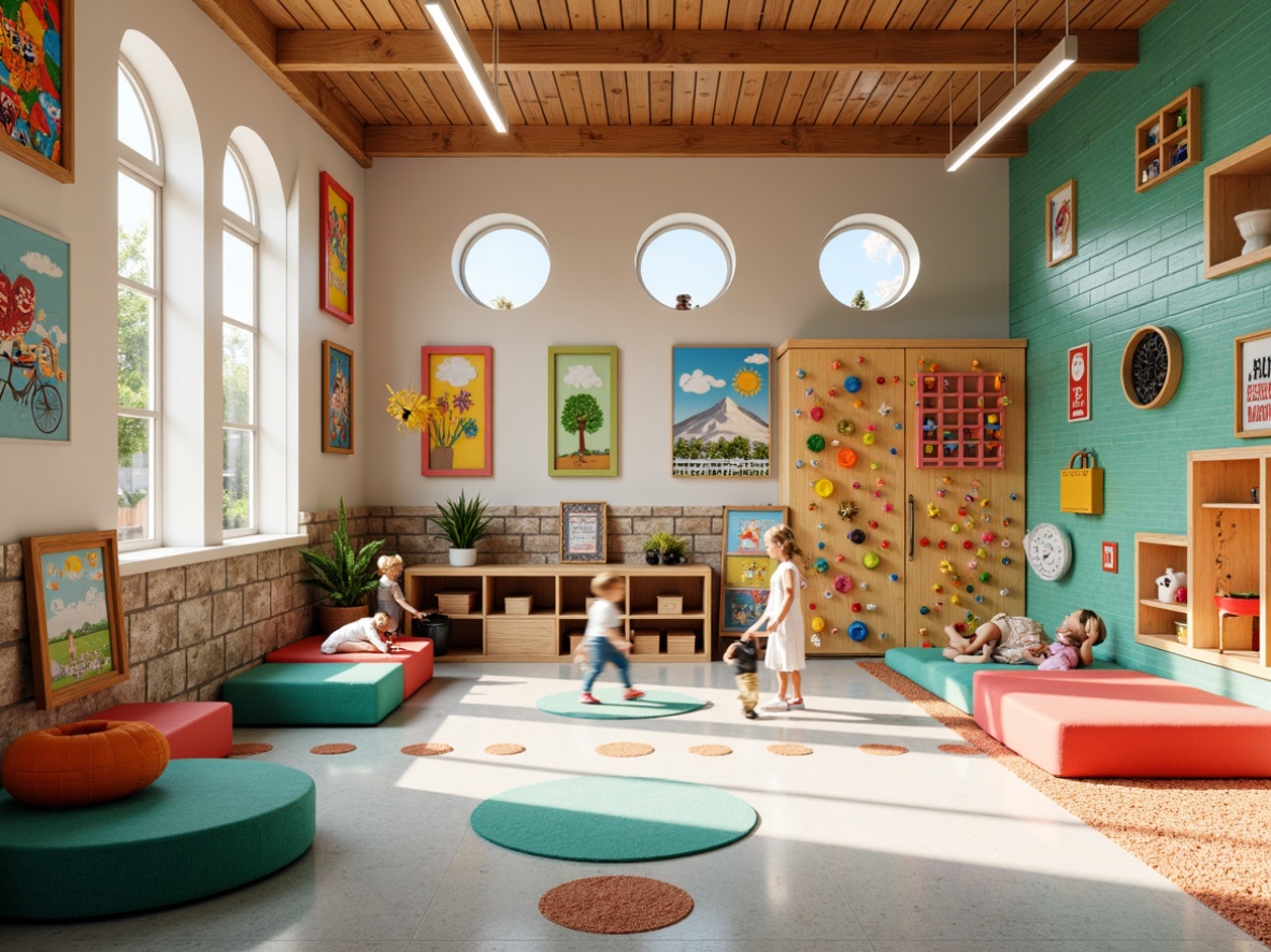 Prompt: Vibrant kindergarten interior, playful wall textures, colorful brick patterns, whimsical mural artworks, interactive sensory walls, tactile stone surfaces, rustic wooden accents, soft pastel colors, circular windows, natural light pouring in, cozy reading nooks, imaginative play areas, educational displays, engaging 3D visuals, shallow depth of field, warm and inviting atmosphere, realistic textures, ambient occlusion.