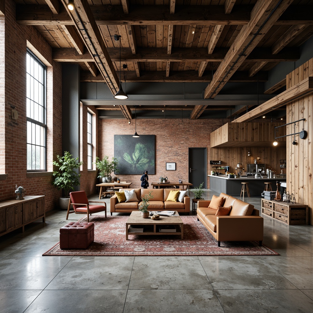 Prompt: Industrial-chic warehouse, reclaimed wood accents, metal beams, exposed brick walls, polished concrete floors, minimalist lighting fixtures, industrial-style chairs, distressed leather sofas, vintage factory carts, rustic wooden crates, functional decor, modern art pieces, urban loft atmosphere, neutral color palette, warm ambient lighting, shallow depth of field, 1/1 composition, realistic textures, subtle weathering effects.