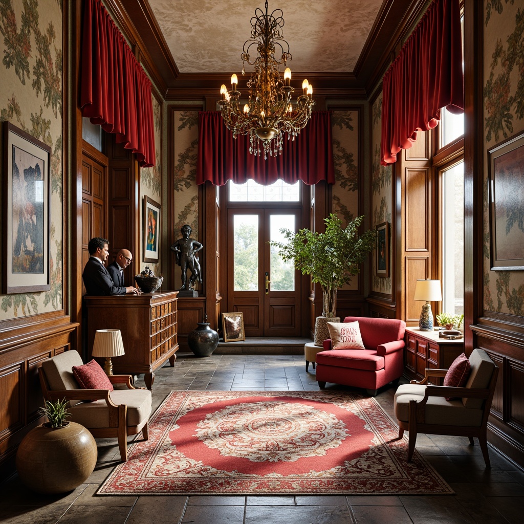 Prompt: Vibrant entrance hall, eclectic mix of vintage and modern elements, bold color palette, ornate chandeliers, distressed wood accents, luxurious velvet drapes, statement furniture pieces, abstract artwork, metallic sculptures, rich textiles, intricate patterns, bold typography, natural stone floors, grand staircase, dramatic lighting, 1/1 composition, shallow depth of field, warm soft focus.