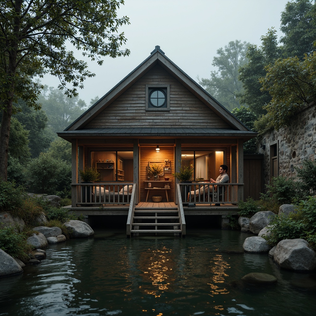 Prompt: Rustic boathouse, weathered wood, distressed metal, nautical ropes, porthole windows, industrial lamps, rough stone walls, mossy greenery, murky waters, overcast sky, warm golden lighting, shallow depth of field, 2/3 composition, gritty textures, realistic reflections, atmospheric fog.