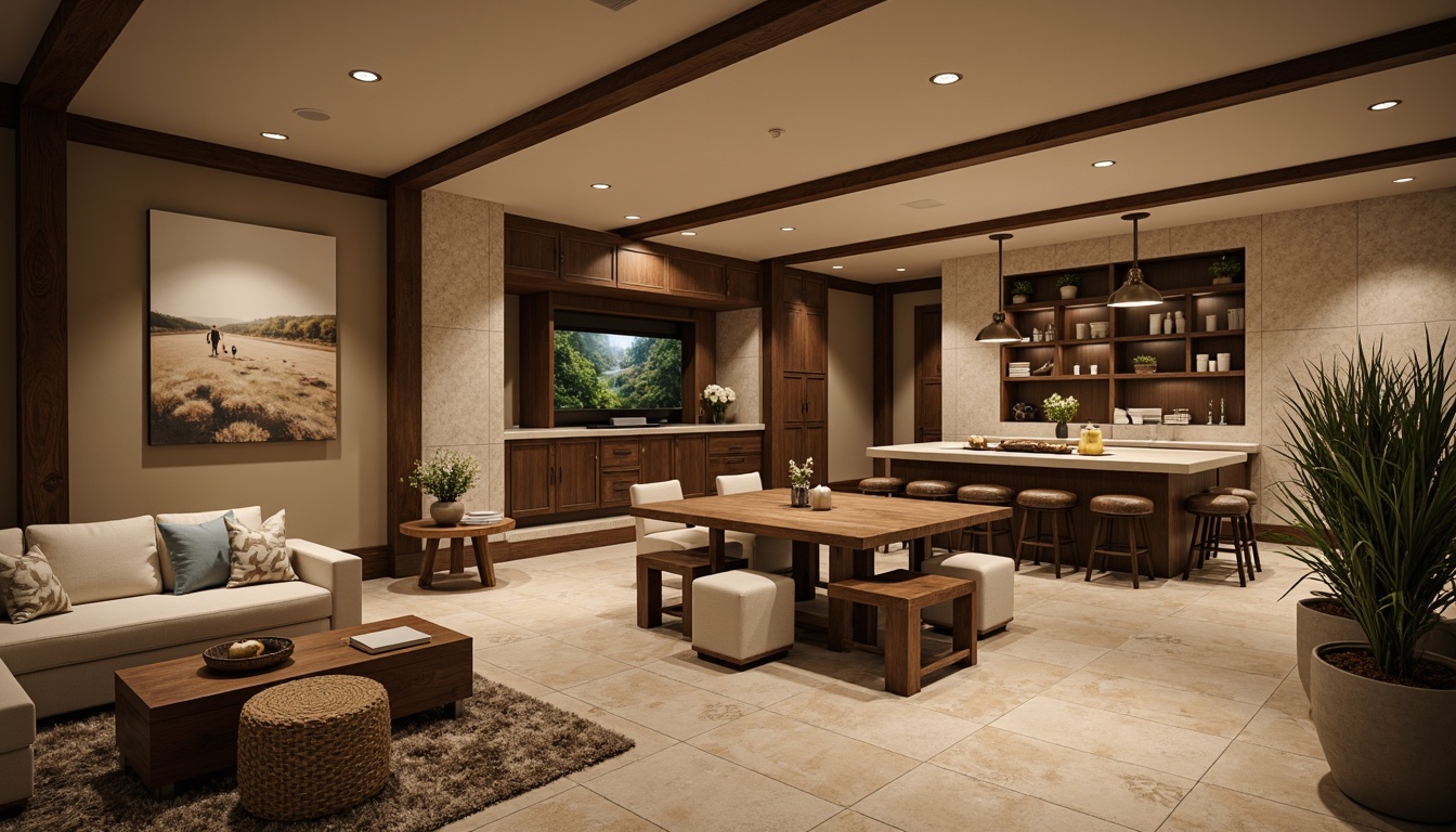 Prompt: Cozy basement atmosphere, warm beige walls, soft cream accents, rich walnut wood tones, comfortable earthy colors, inviting deep blues, calming greenery, natural stone textures, subtle LED lighting, rustic metal fixtures, plush area rugs, comfortable seating areas, intimate gathering spaces, relaxed entertainment zones.