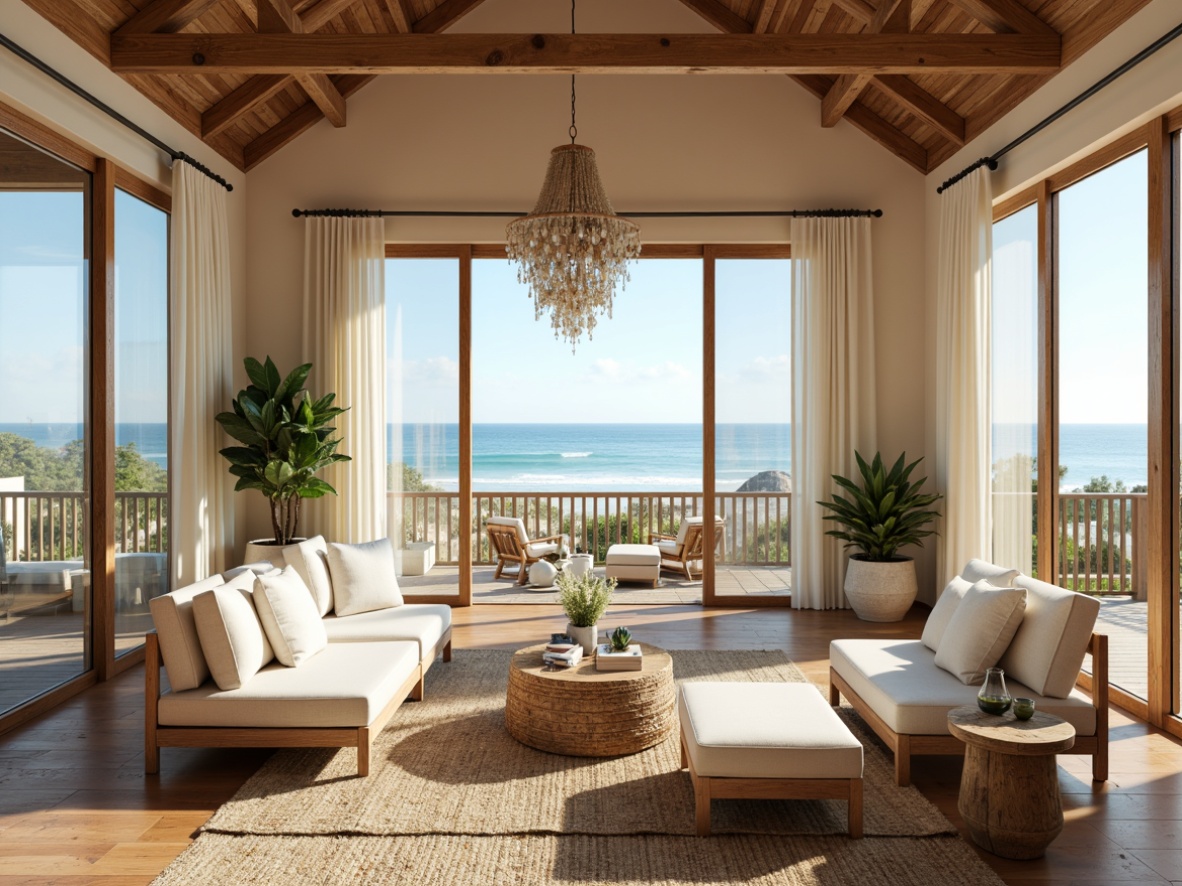 Prompt: Coastal cottage, soft ocean breeze, warm beige walls, weathered wood accents, driftwood furniture, sea-glass chandeliers, sheer white curtains, billowy folds, natural fiber textiles, woven seagrass rugs, distressed finishes, calming color palette, airy open spaces, floor-to-ceiling windows, sliding glass doors, unobstructed ocean views, warm sunny days, soft gentle lighting, shallow depth of field, 1/2 composition, realistic reflections, ambient occlusion.