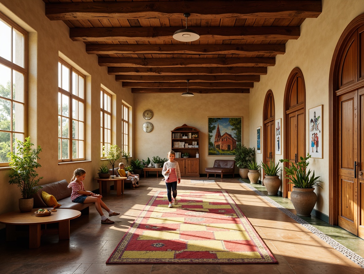 Prompt: Renaissance-style kindergarten, warm beige walls, ornate wooden accents, soft natural lighting, vintage educational posters, distressed wood flooring, rich walnut tones, elegant curved lines, decorative ceramic tiles, bright colorful rugs, playful kid-friendly furniture, whimsical wall murals, lively flower patterns, gentle warm atmosphere, shallow depth of field, 1/2 composition, realistic textures, ambient occlusion.