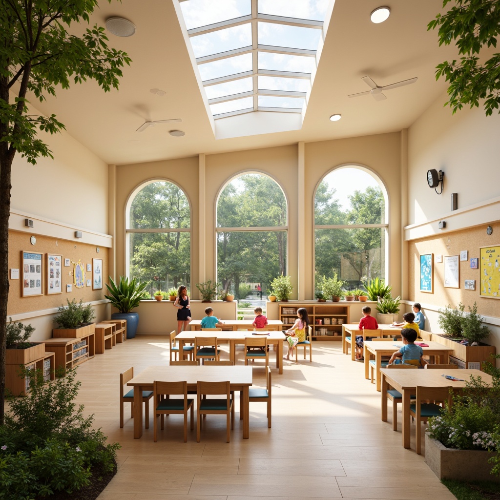 Prompt: Vibrant kindergarten classroom, playful learning zones, wooden tables, colorful chairs, abundant natural light, floor-to-ceiling windows, skylights, soft diffused lighting, warm beige walls, pastel-colored decorations, cozy reading nooks, greenery-filled planters, educational posters, interactive display boards, modern minimalist furniture, eco-friendly materials, sustainable design elements, airy open spaces, 1/2 composition, shallow depth of field, realistic textures, ambient occlusion.