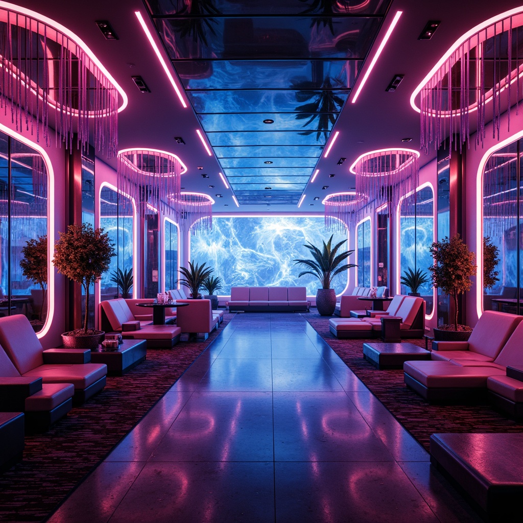 Prompt: Futuristic interior, neon-lit ambiance, glowing lines, holographic displays, LED ceiling lights, fiber-optic chandeliers, metallic finishes, chrome accents, mirrored walls, iridescent color schemes, gradient effects, ambient occlusion, softbox lighting, rim lighting, high-contrast shadows, cinematic mood, immersive atmosphere, futuristic furniture, sleek minimalism, curved lines, geometric patterns, holographic projections, 3D visualizations, panoramic views, shallow depth of field.