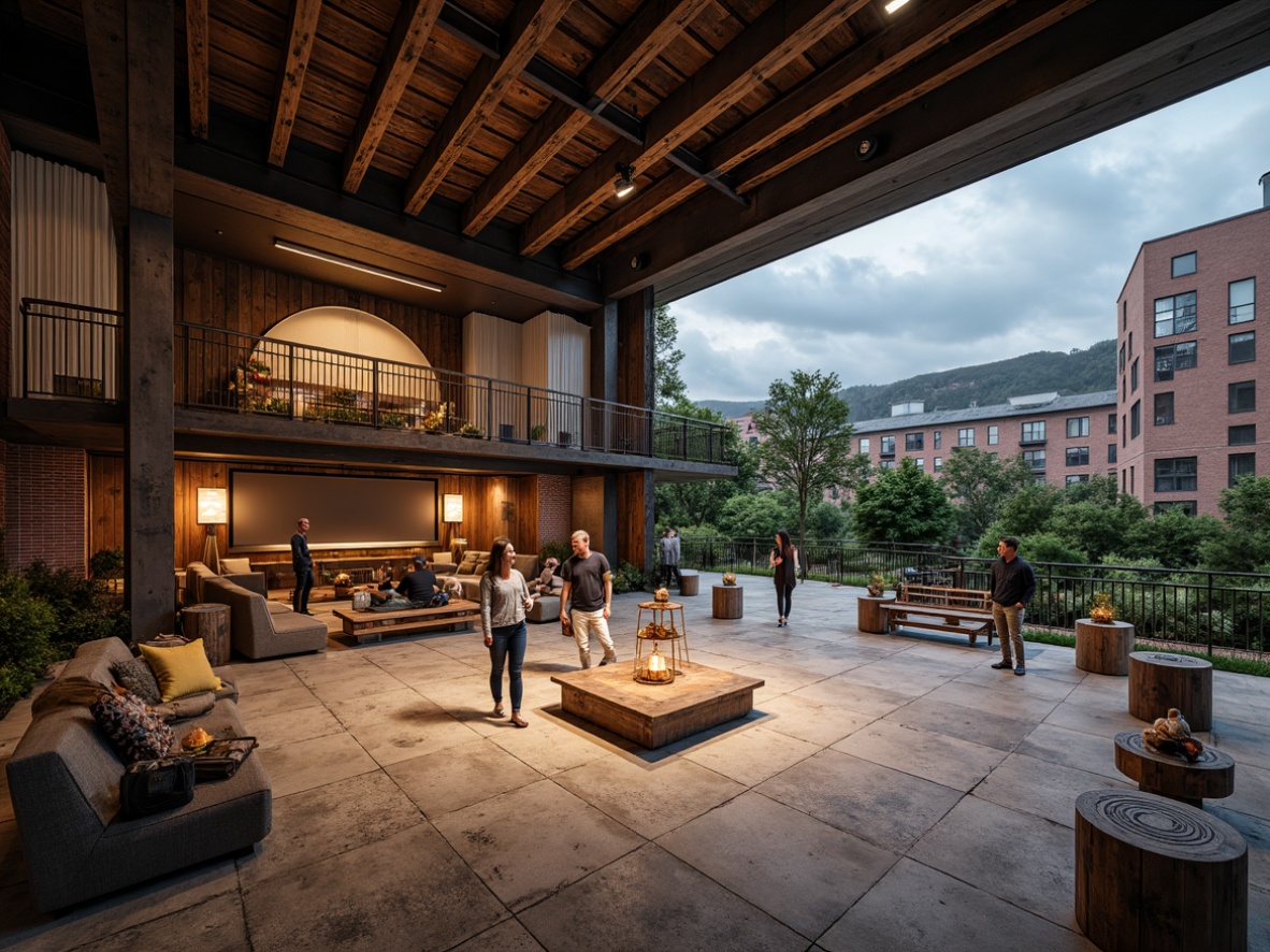 Prompt: Rustic amphitheater, industrial chic aesthetic, reclaimed wood accents, exposed brick walls, metallic beams, distressed concrete floors, edgy steel railings, modern minimalist lighting, urban landscape views, overcast skies, dramatic spotlights, 3/4 composition, cinematic atmosphere, realistic textures, ambient occlusion.