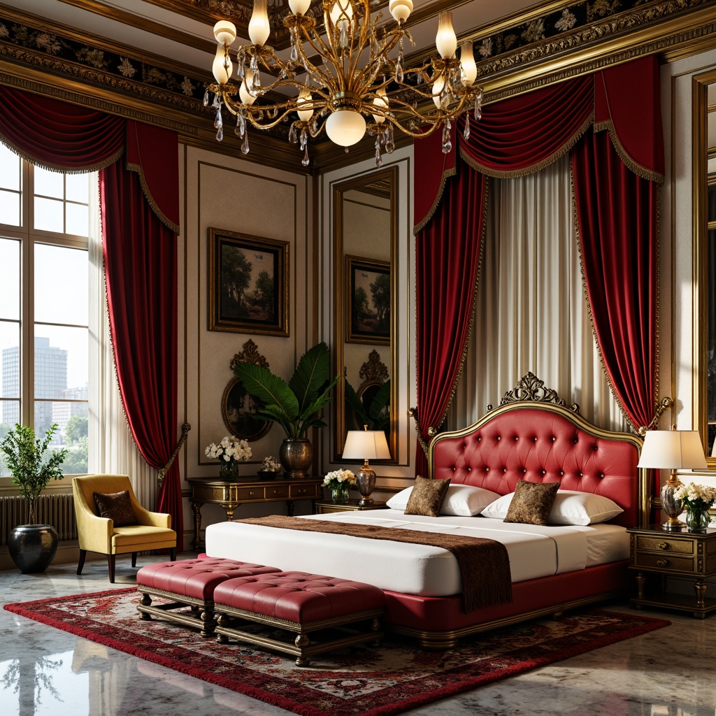 Prompt: Luxurious bedroom, opulent furnishings, metallic accents, geometric patterns, bold colors, lavish textiles, velvet drapes, tufted headboards, marble flooring, ornate mirrors, crystal chandeliers, rich wood tones, deep emerald greens, bold crimson reds, warm golden yellows, soft creamy whites, dramatic black accents, high-gloss finishes, intricate moldings, lavish decorations, vintage charm, eclectic elegance, soft warm lighting, shallow depth of field, 1/1 composition, realistic textures, ambient occlusion.