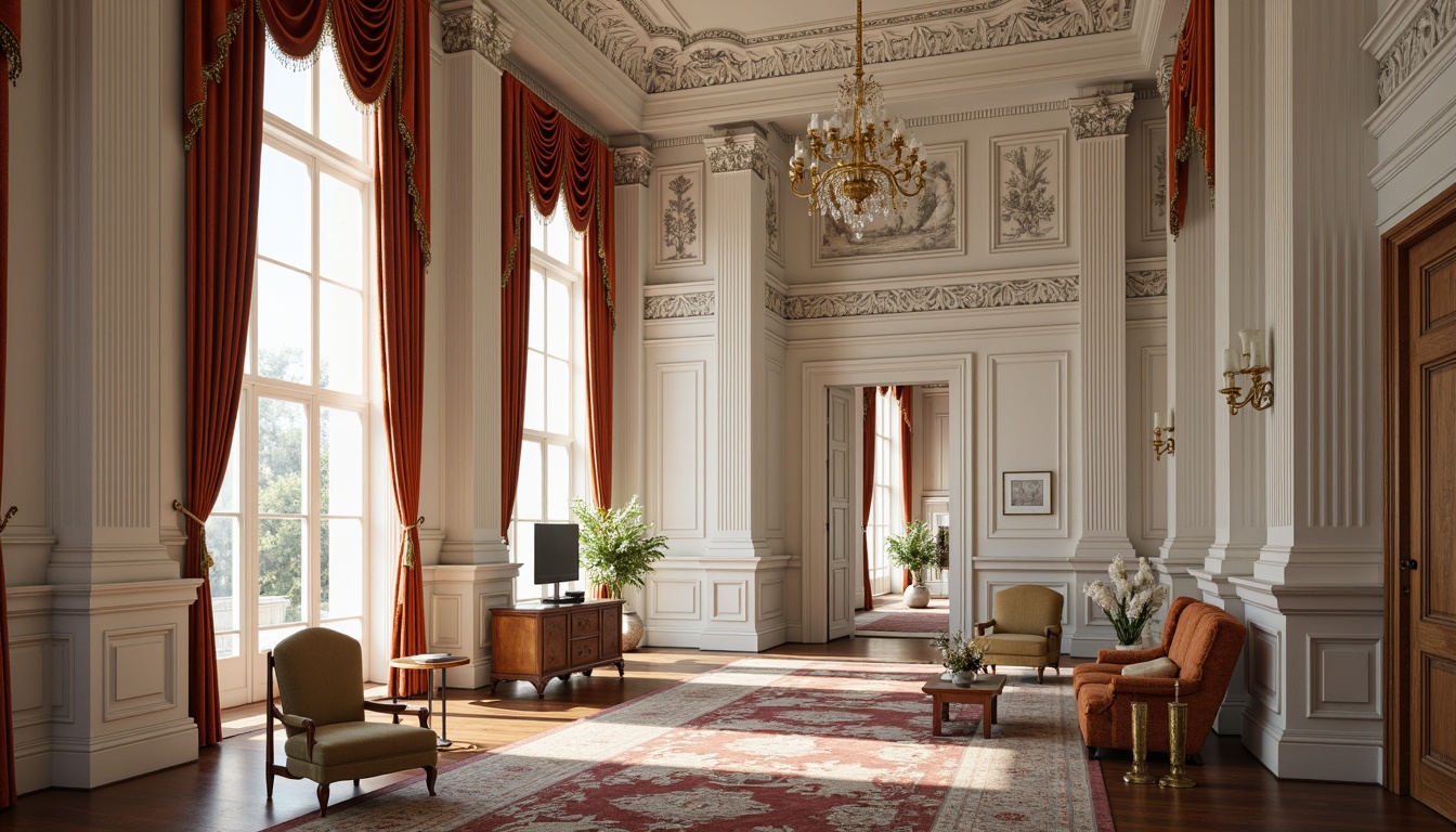 Prompt: Ornate neoclassical building, white marble columns, intricately carved stonework, ornamental moldings, gilded accents, lavish furnishings, velvet drapes, polished wooden floors, crystal chandeliers, richly patterned rugs, subtle warm lighting, soft focus, shallow depth of field, 1/1 composition, realistic reflections, ambient occlusion.