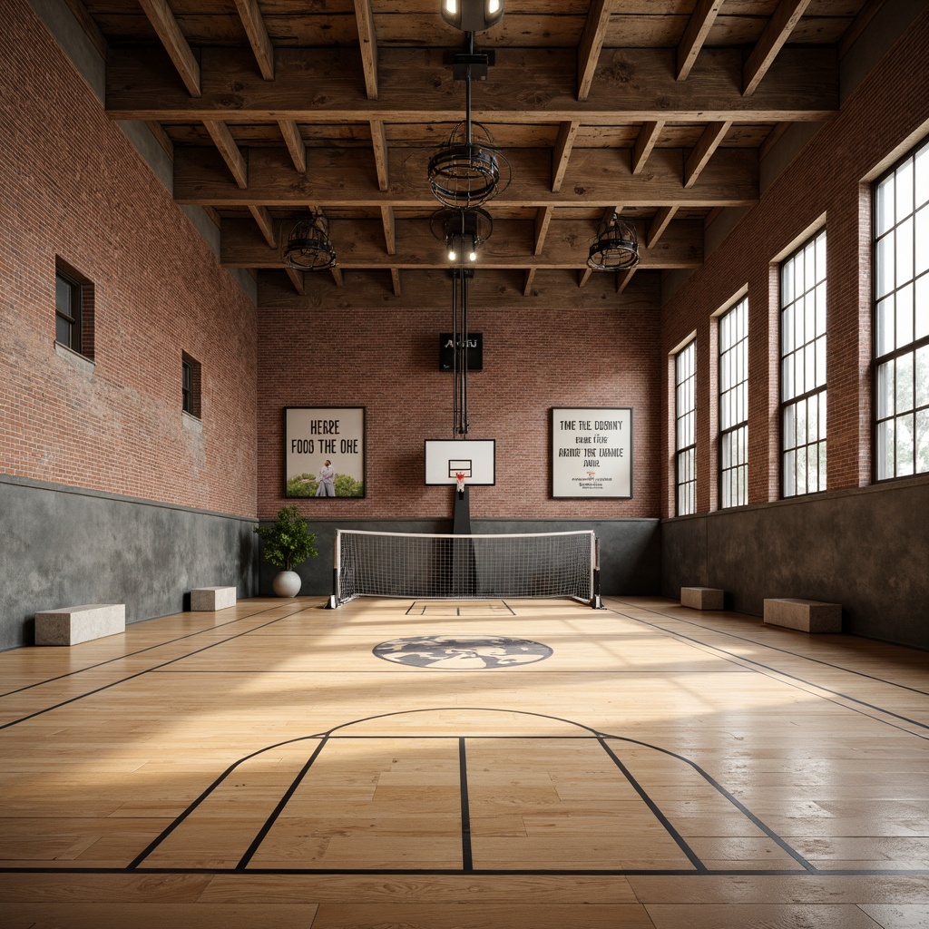 Prompt: Rustic gymnasium interior, textured walls, exposed brick accents, wooden flooring, metallic beams, industrial chic, modern athletic equipment, basketball hoops, soccer goals, volleyball nets, motivational quotes, natural stone benches, warm color palette, softbox lighting, shallow depth of field, 1/1 composition, realistic textures, ambient occlusion.