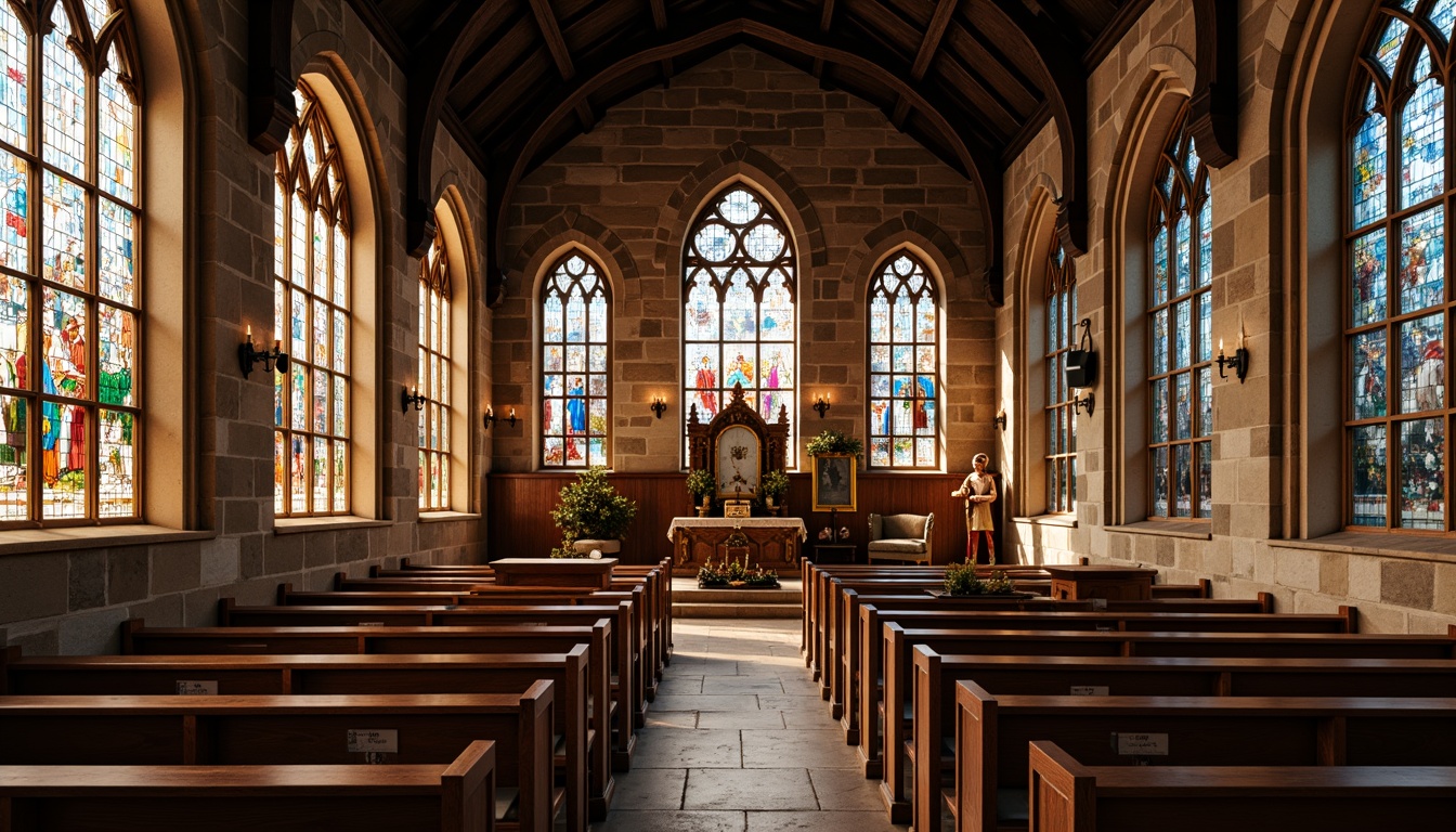 Prompt: Rustic church interior, wooden pews, stone walls, vaulted ceilings, grandiose stained glass windows, vibrant colored glass, intricate designs, biblical scenes, majestic arches, ornate altarpieces, soft warm lighting, rich textures, subtle color palette, natural materials, earthy tones, serene atmosphere, peaceful ambiance, 1/1 composition, shallow depth of field, realistic rendering.